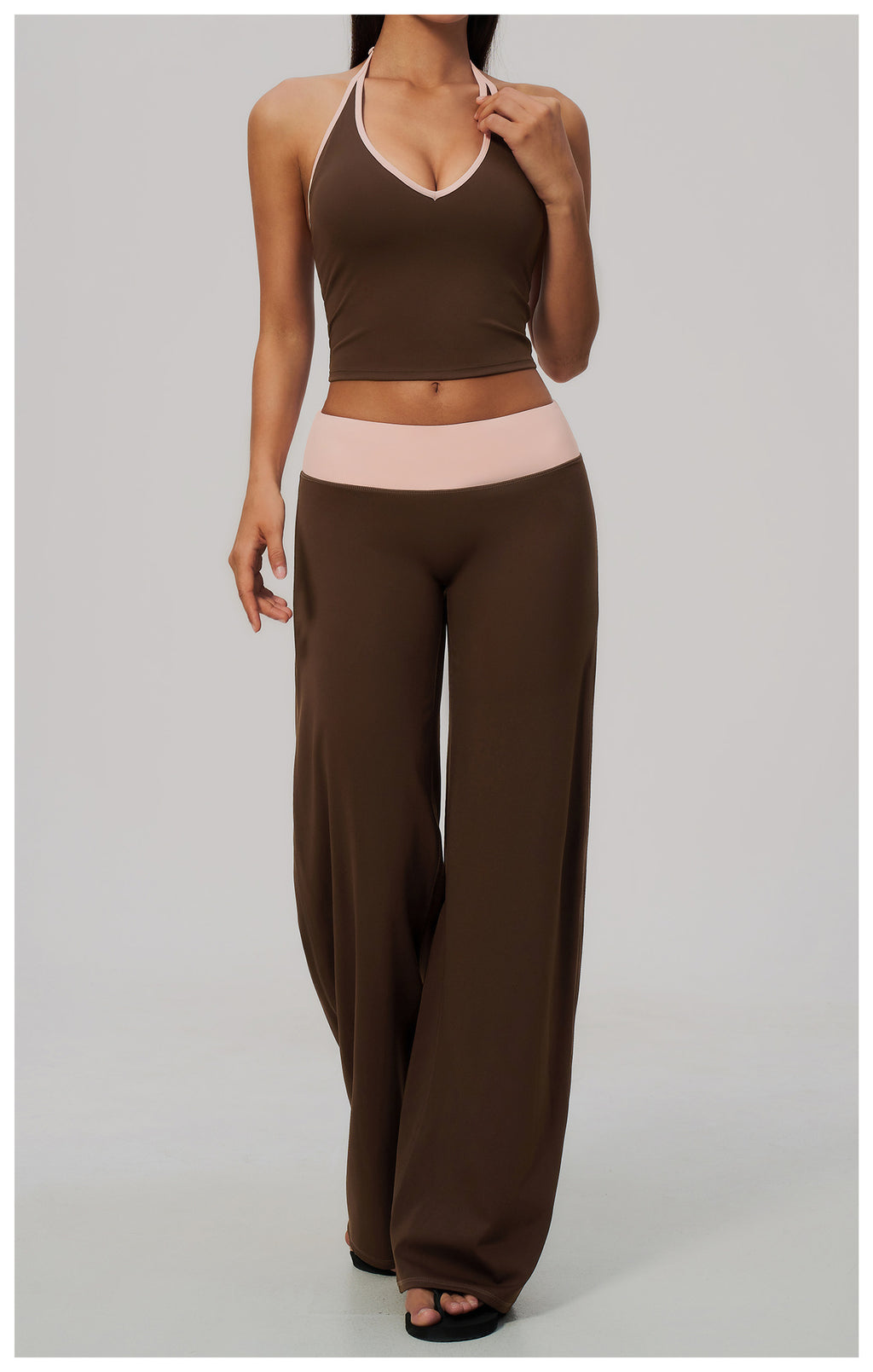 Women Two Piece Color Block Halter Yoga Set V Neck Crop Workout Top Wide Leg Yoga Pants