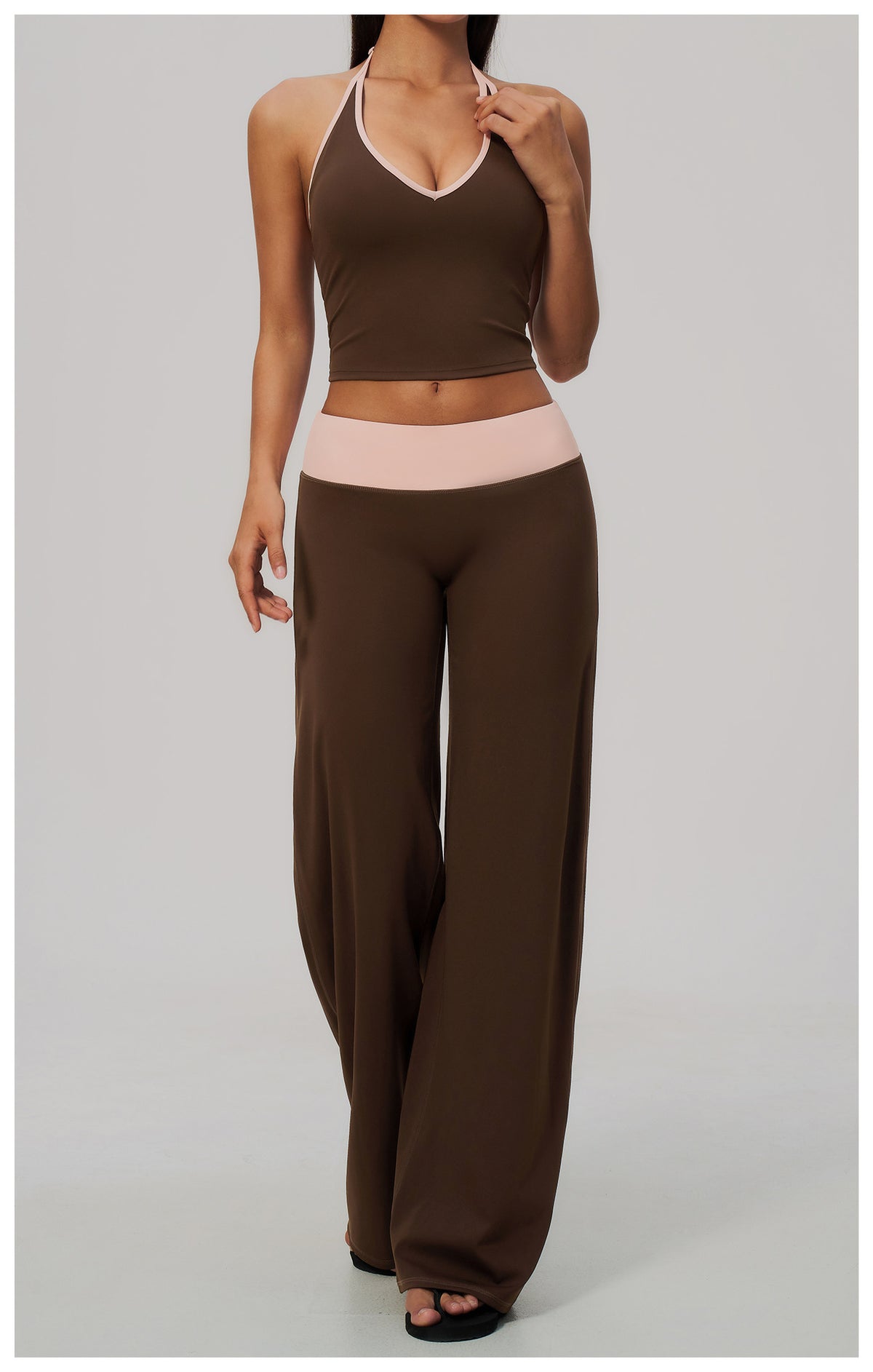 Women Two Piece Color Block Halter Yoga Set V Neck Crop Workout Top Wide Leg Yoga Pants