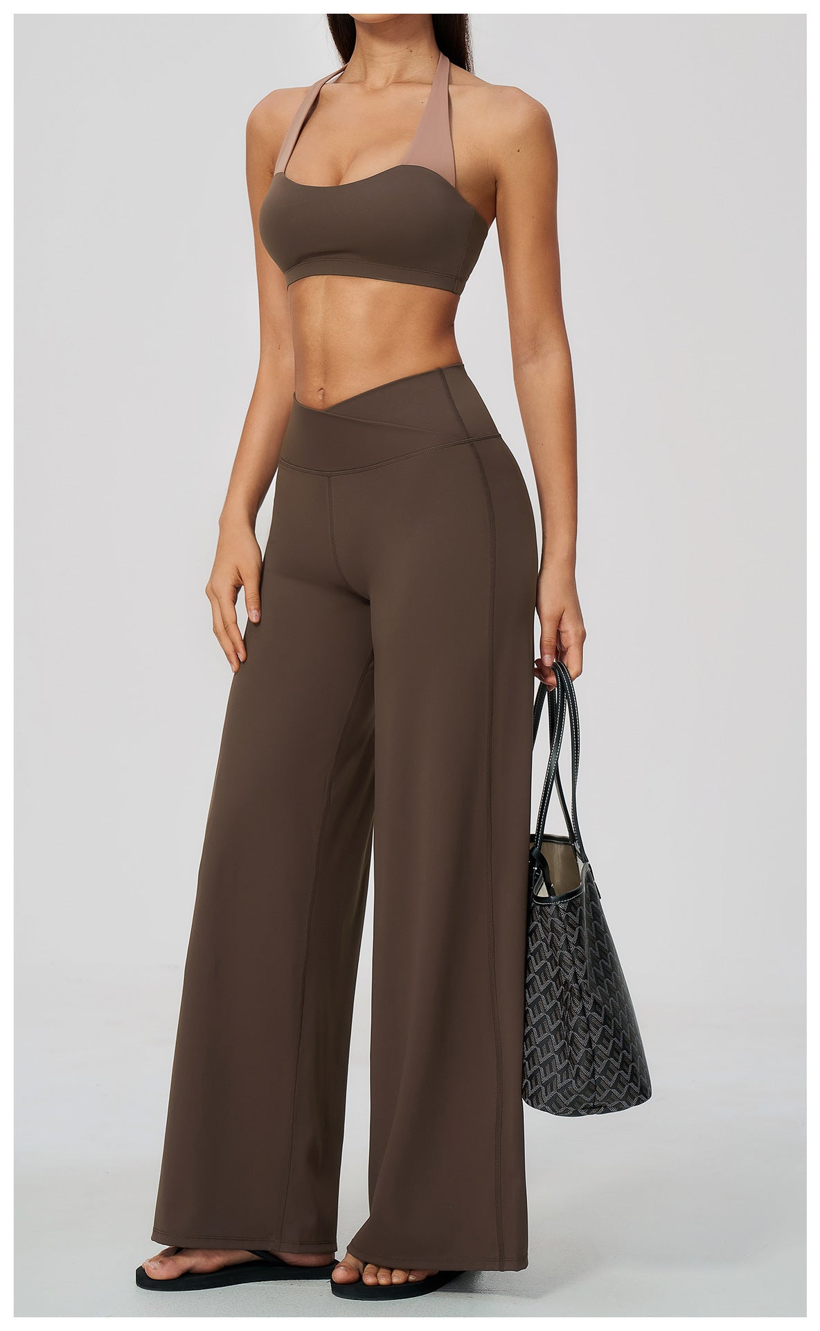 2 Piece Colorblock Halter Sports Bra and Cross Waist Wide Leg Yoga Pants Set