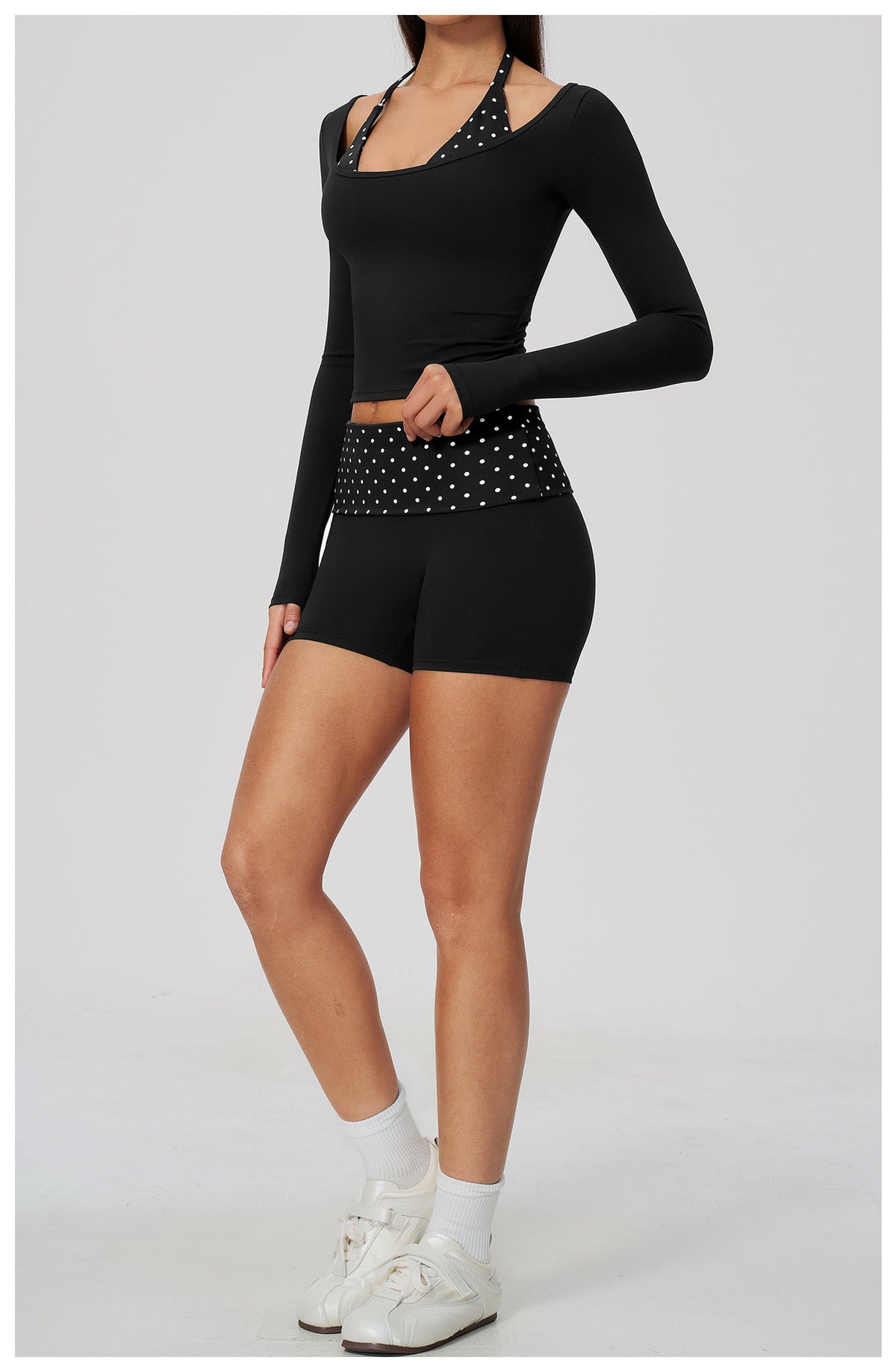 Women 2 Piece Yoga Set Halter Fake Two Piece Long Sleeve Yoga Top and Fold Over Striped Waist Biker Shorts