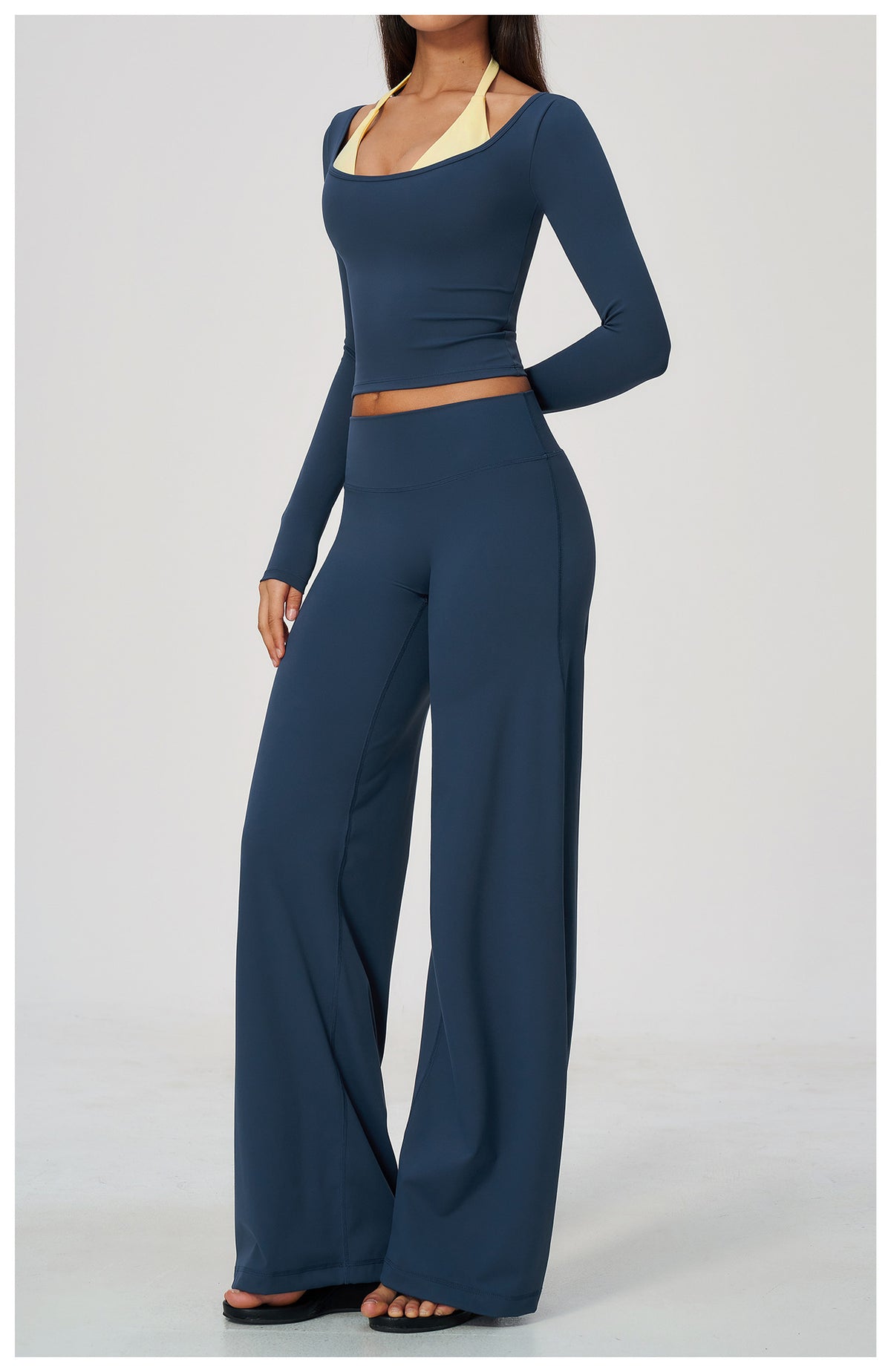 2 Piece Colorblock Double Strap Halter Long Sleeve Cropped Fitness Yoga Top and High Waisted Loose Fit Wide Leg Yoga Pants Set