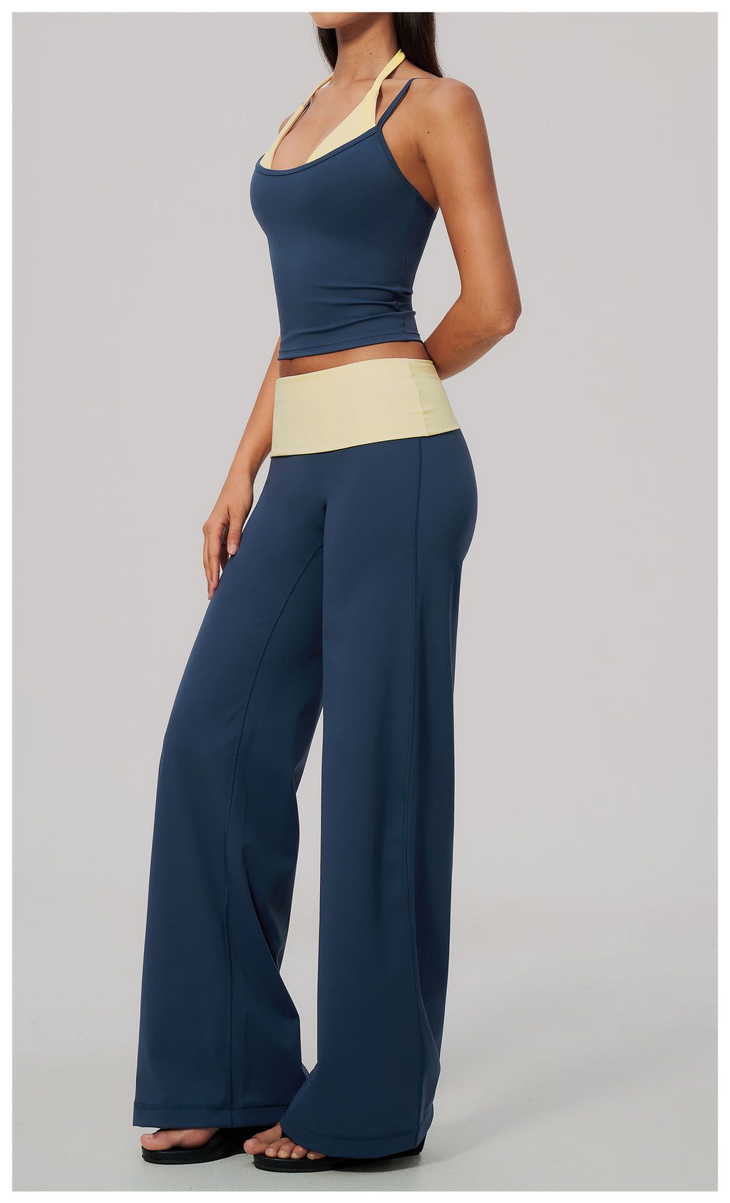 2 Piece Colorblock Double Strap Halter Yoga Vest and Foldover Waist High-Rise Loose Wide Leg Yoga Pants Set