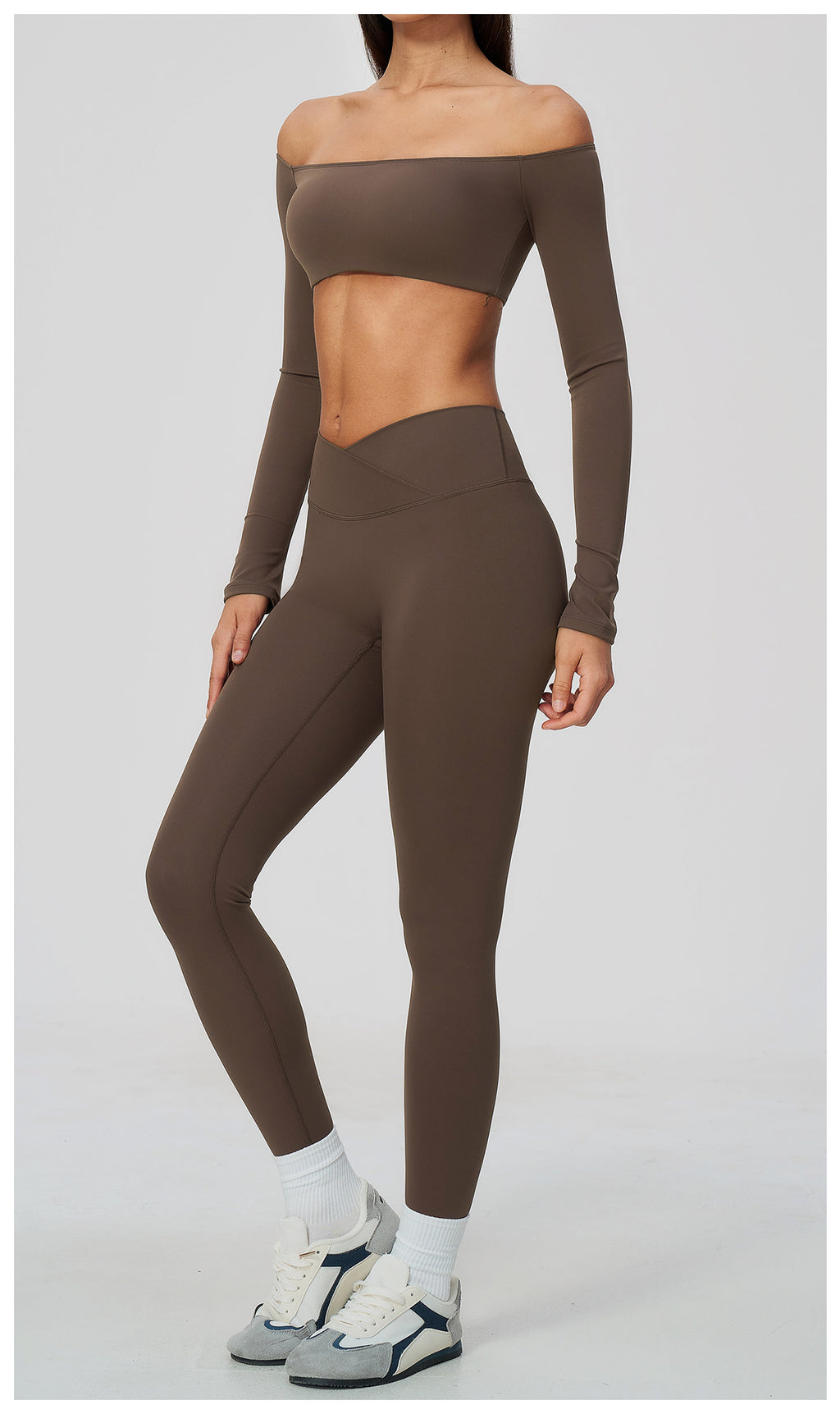2 Piece Off-The-Shoulder Long Sleeve Crop Top and Cross Waist Yoga Leggings Set