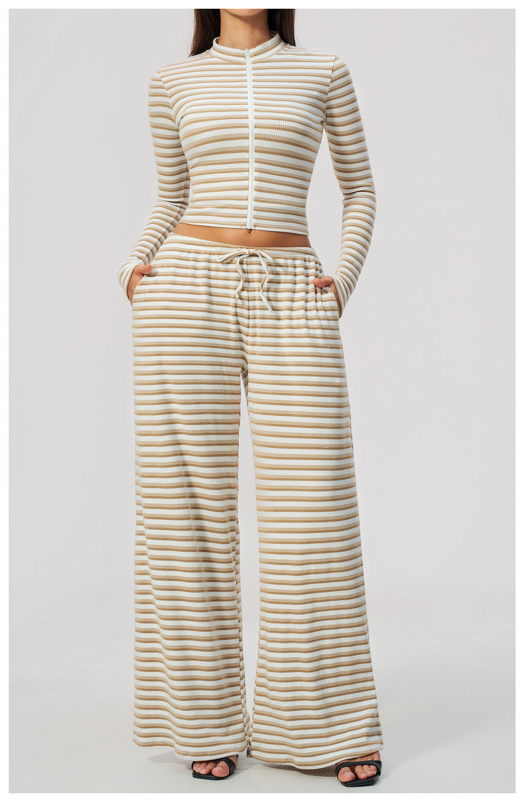 2 Piece Workout Loungewear Set Women Ribbed Striped Stand Collar Long Sleeve Cropped Zip up Jacket and Elastic Drawstring Waist Wide Leg Pants with Pocket