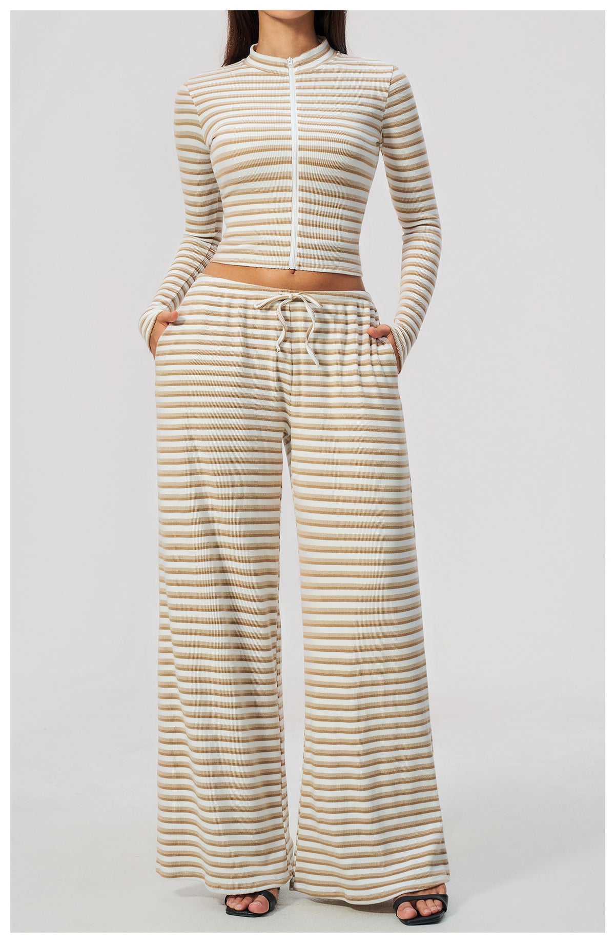 2 Piece Workout Loungewear Set Women Ribbed Striped Stand Collar Long Sleeve Cropped Zip up Jacket and Elastic Drawstring Waist Wide Leg Pants with Pocket