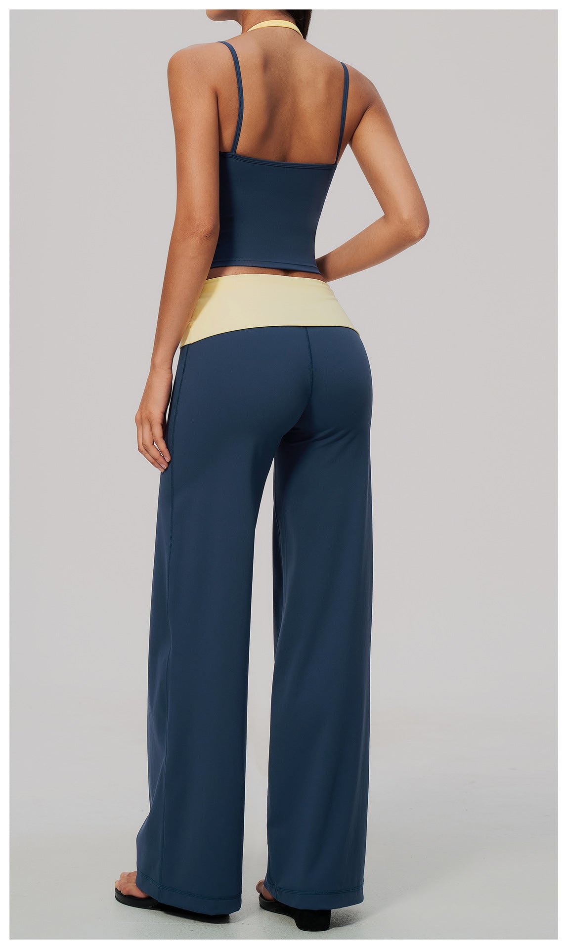 2 Piece Colorblock Double Strap Halter Yoga Vest and Foldover Waist High-Rise Loose Wide Leg Yoga Pants Set