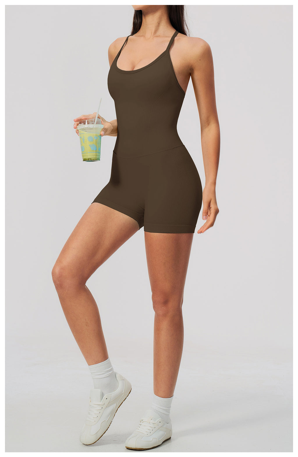 Women Seamless Yoga Romper Y-Back Spaghetti Strap Workout Bodysuit Tummy Control Butt Lifter Short Jumpsuit for Gym Fitness