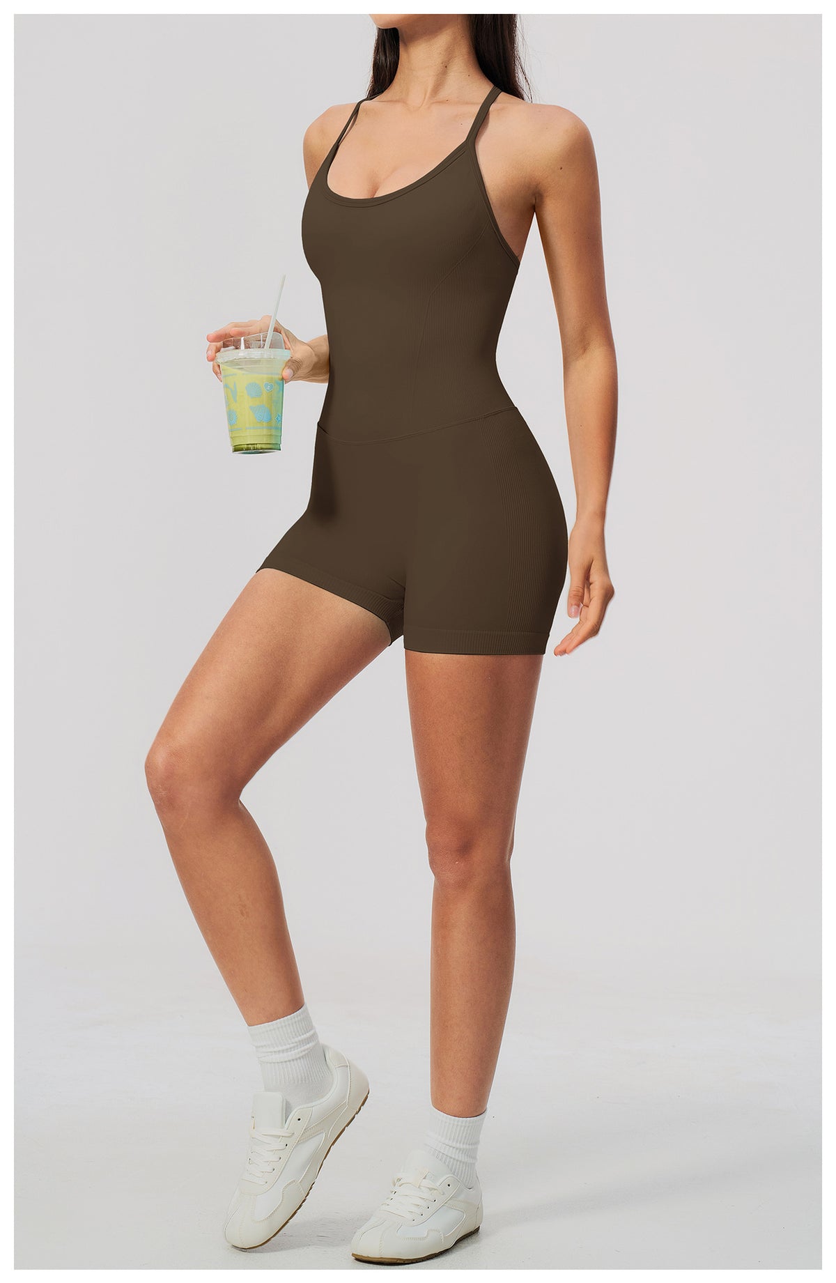 Women Seamless Yoga Romper Y-Back Spaghetti Strap Workout Bodysuit Tummy Control Butt Lifter Short Jumpsuit for Gym Fitness