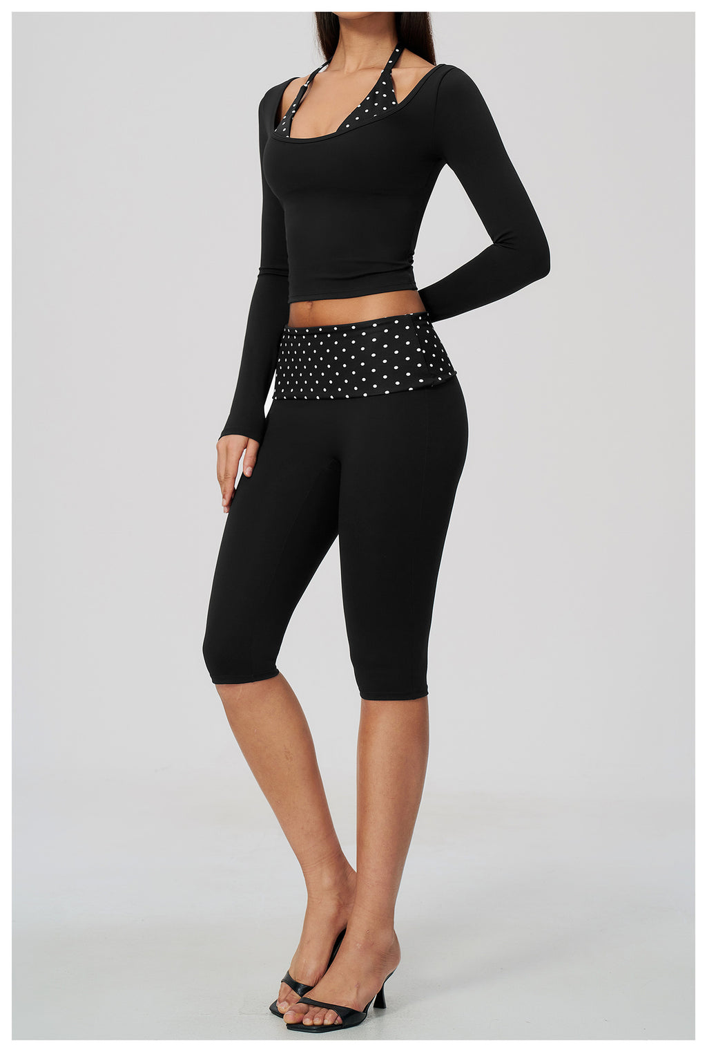 Women 2 Piece Yoga Set Halter Fake Two Piece Long Sleeve Yoga Top and Fold Over Striped Waist Capri Yoga Leggings