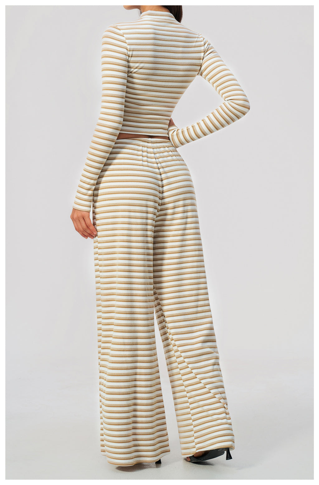 3 Piece Striped Yoga Set Long Sleeve Zip up Jacket Strapless Soft Tube Top Elastic Drawstring Waist Wide Leg Pants Workout Outfit Gym Running Sports Activewear Set