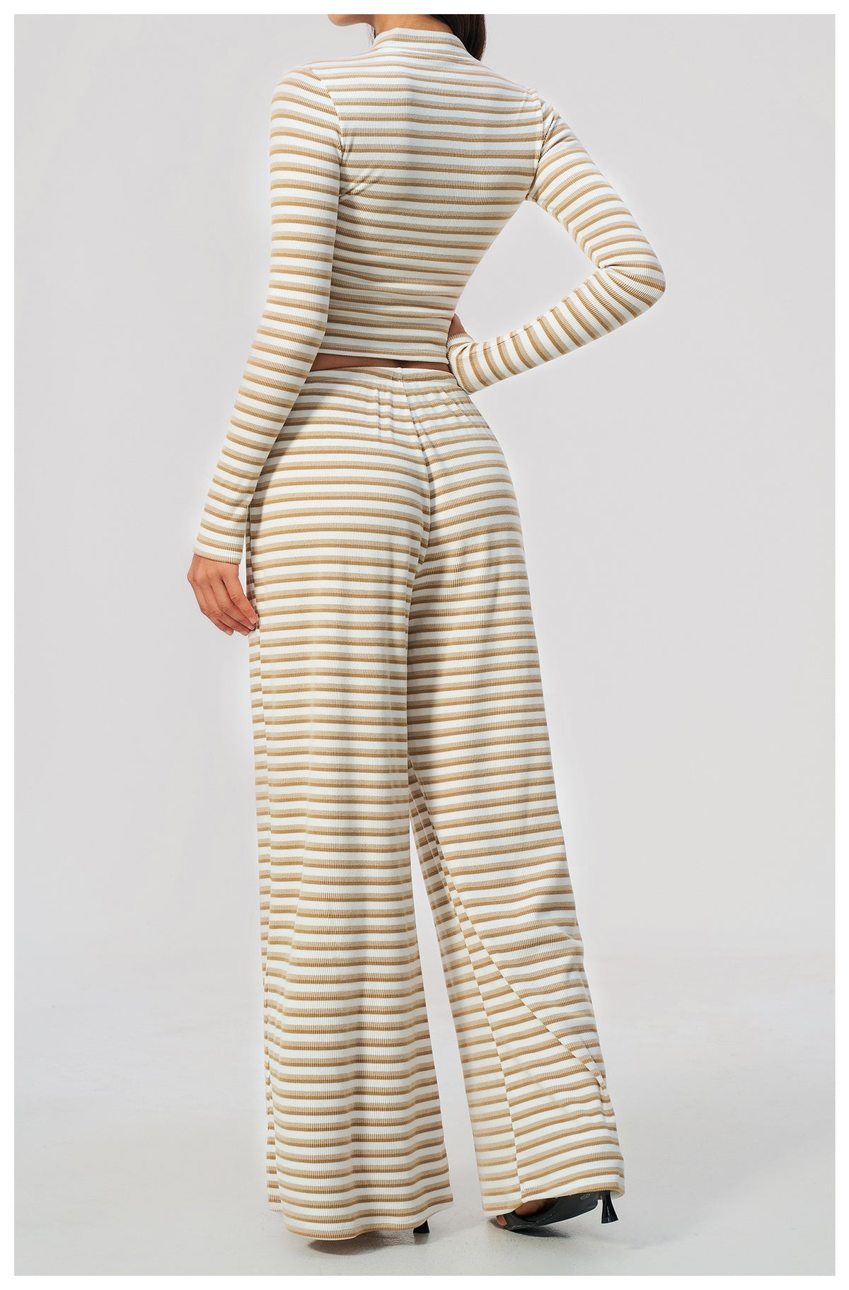 3 Piece Striped Yoga Set Long Sleeve Zip up Jacket Strapless Soft Tube Top Elastic Drawstring Waist Wide Leg Pants Workout Outfit Gym Running Sports Activewear Set