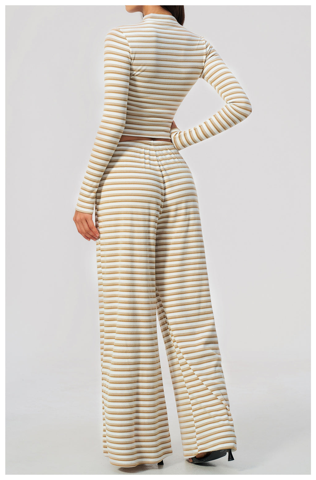 2 Piece Workout Loungewear Set Women Ribbed Striped Stand Collar Long Sleeve Cropped Zip up Jacket and Elastic Drawstring Waist Wide Leg Pants with Pocket