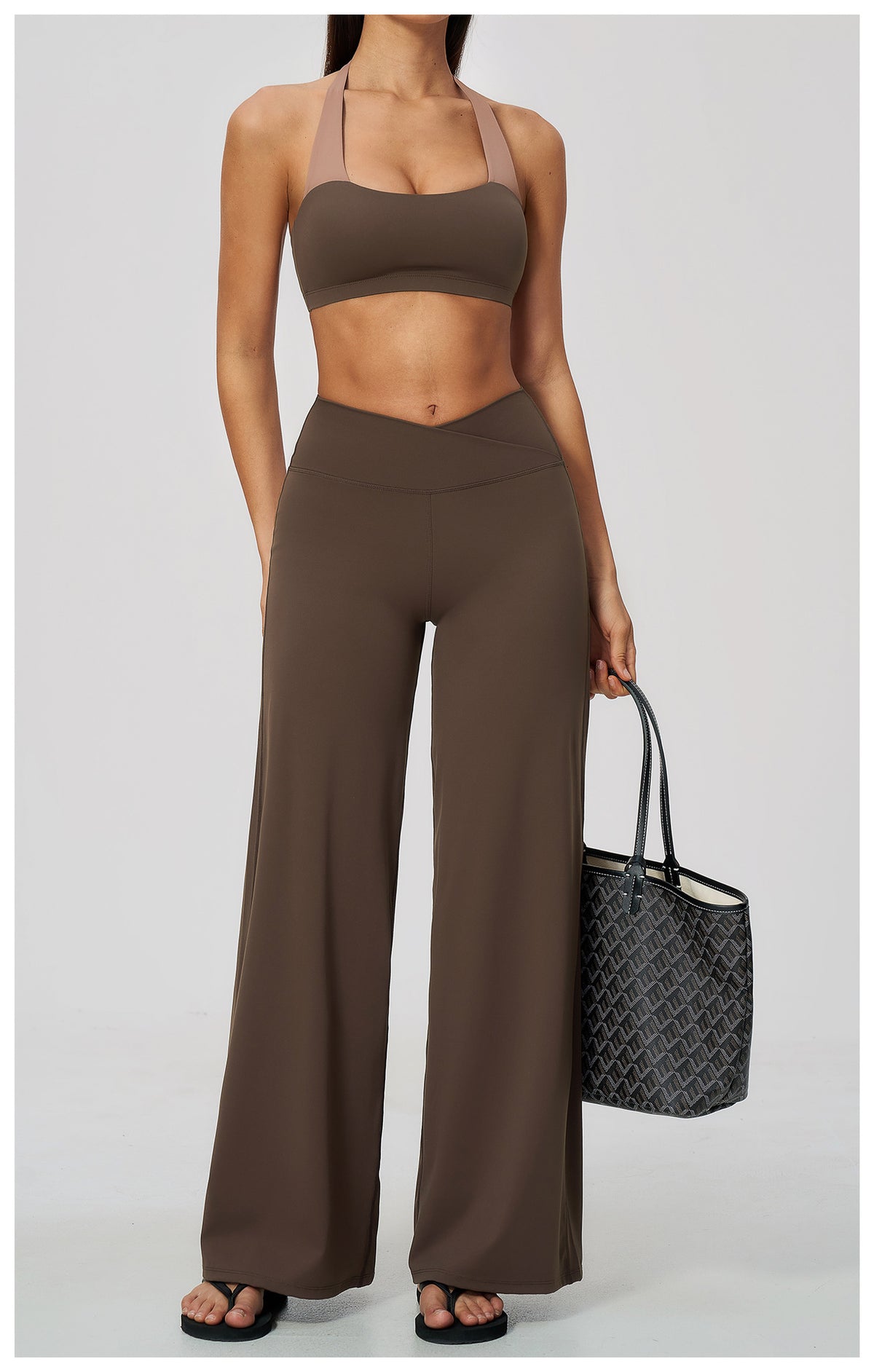 2 Piece Colorblock Halter Sports Bra and Cross Waist Wide Leg Yoga Pants Set