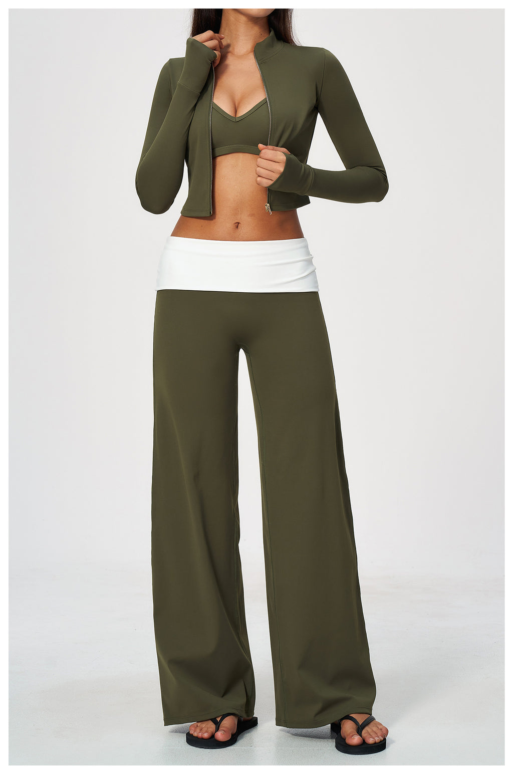 3 Piece Set Deep V-Neck Halter Thin Strap Backless Sports Bra and Stand Collar Full Zip Cropped Running Workout Jacket and High Waisted Wide Leg Yoga Athletic Pants