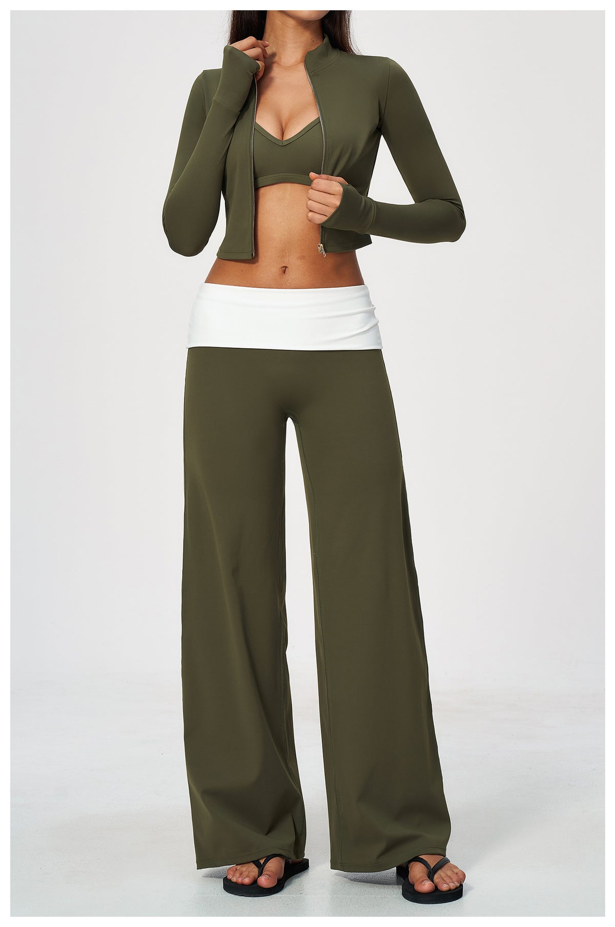 3 Piece Set Deep V-Neck Halter Thin Strap Backless Sports Bra and Stand Collar Full Zip Cropped Running Workout Jacket and High Waisted Wide Leg Yoga Athletic Pants