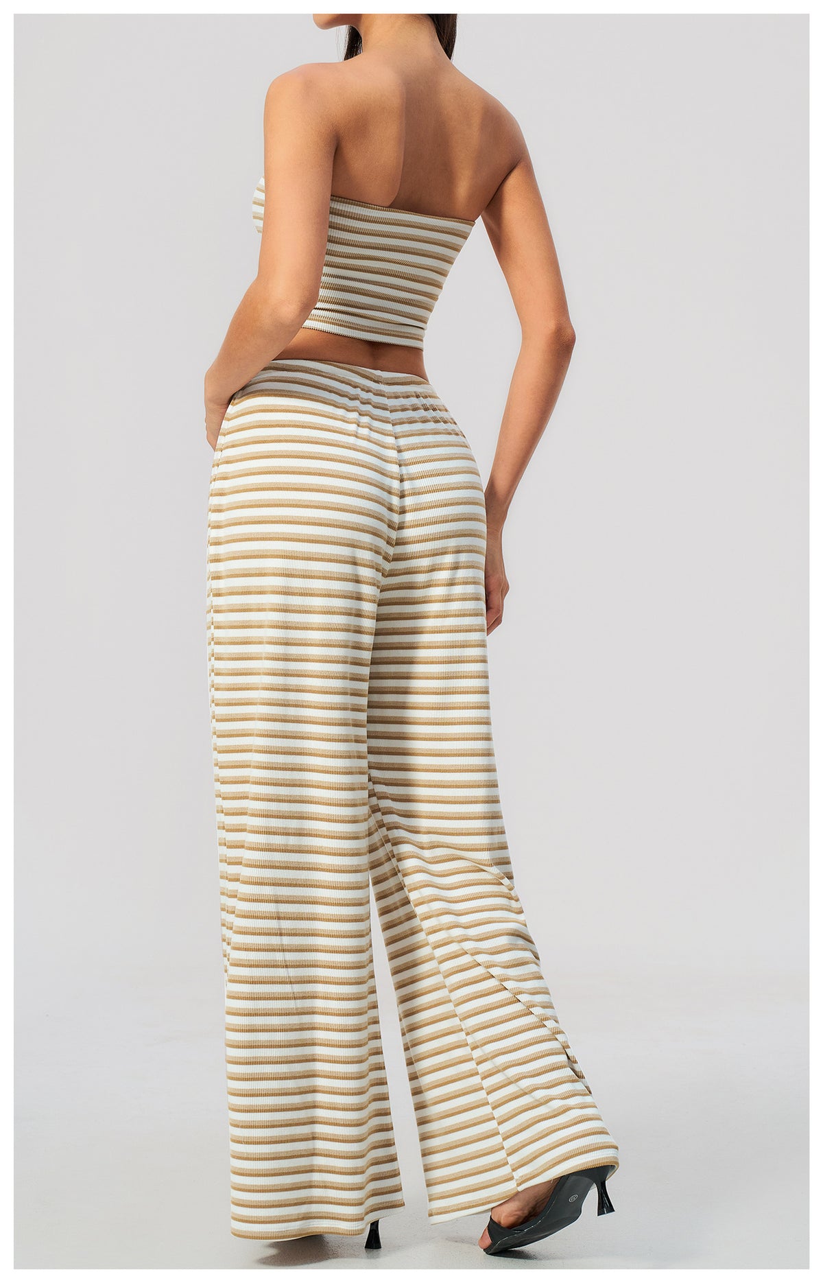 2 Piece Workout Loungewear Set Women Ribbed Striped Strapless Soft Tube Top and Elastic Drawstring Waist Wide Leg Pants with Pocket