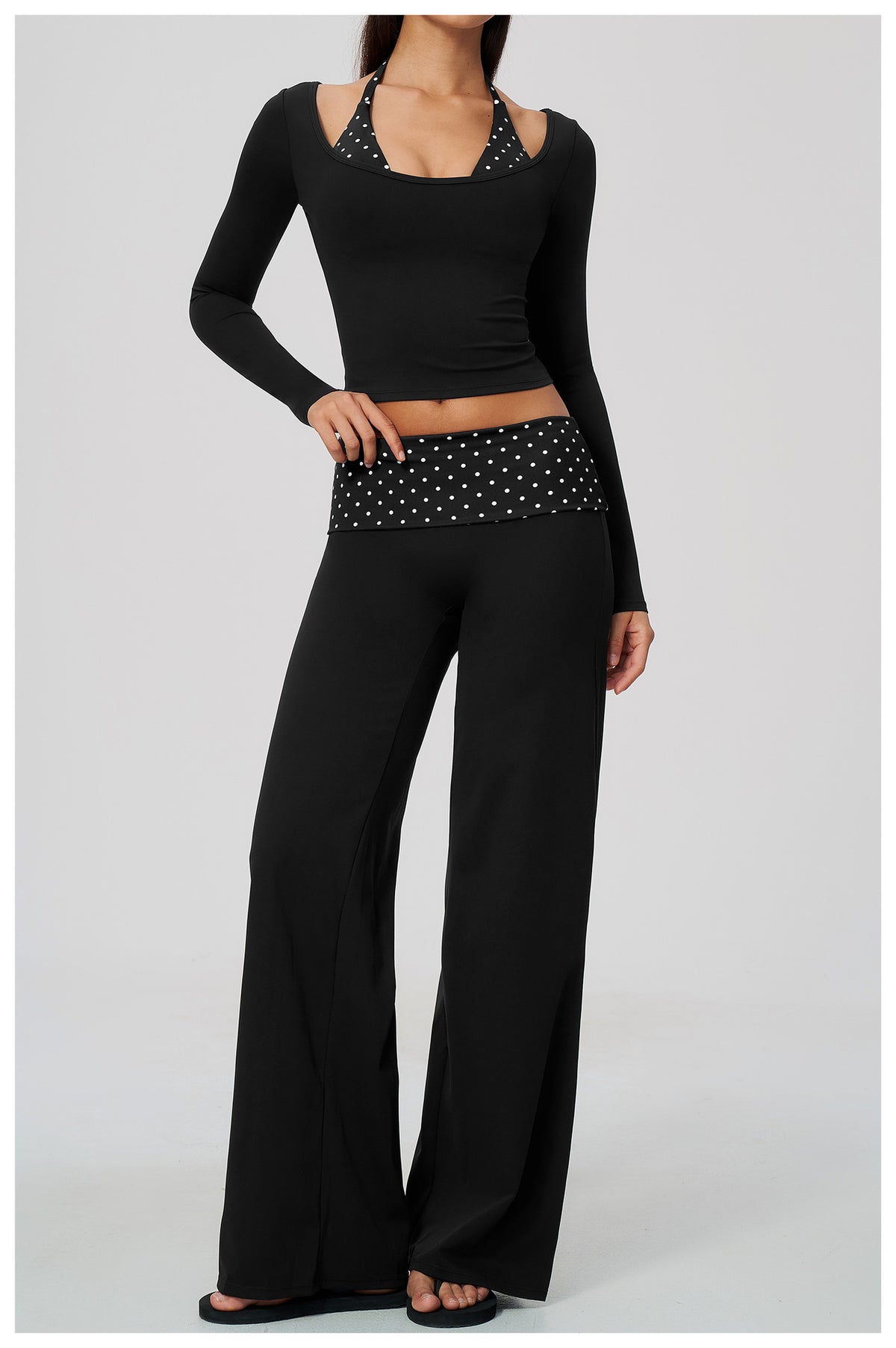 Women 2 Piece Yoga Set Halter Fake Two Piece Long Sleeve Yoga Top and Fold Over Striped Waist Wide Leg Workout Pants