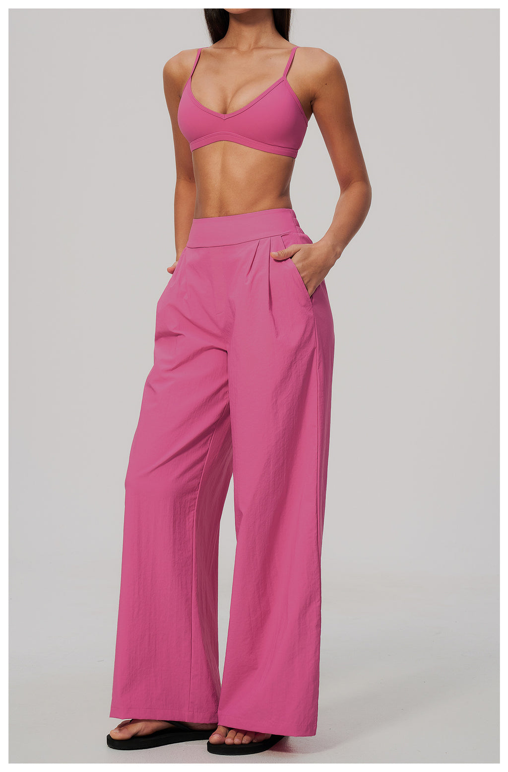 2 Piece Set Women V Neck Twist Back Adjustable Spaghetti Straps Sports Bra and High Waist Loose Casual Sports Wide Leg Pants