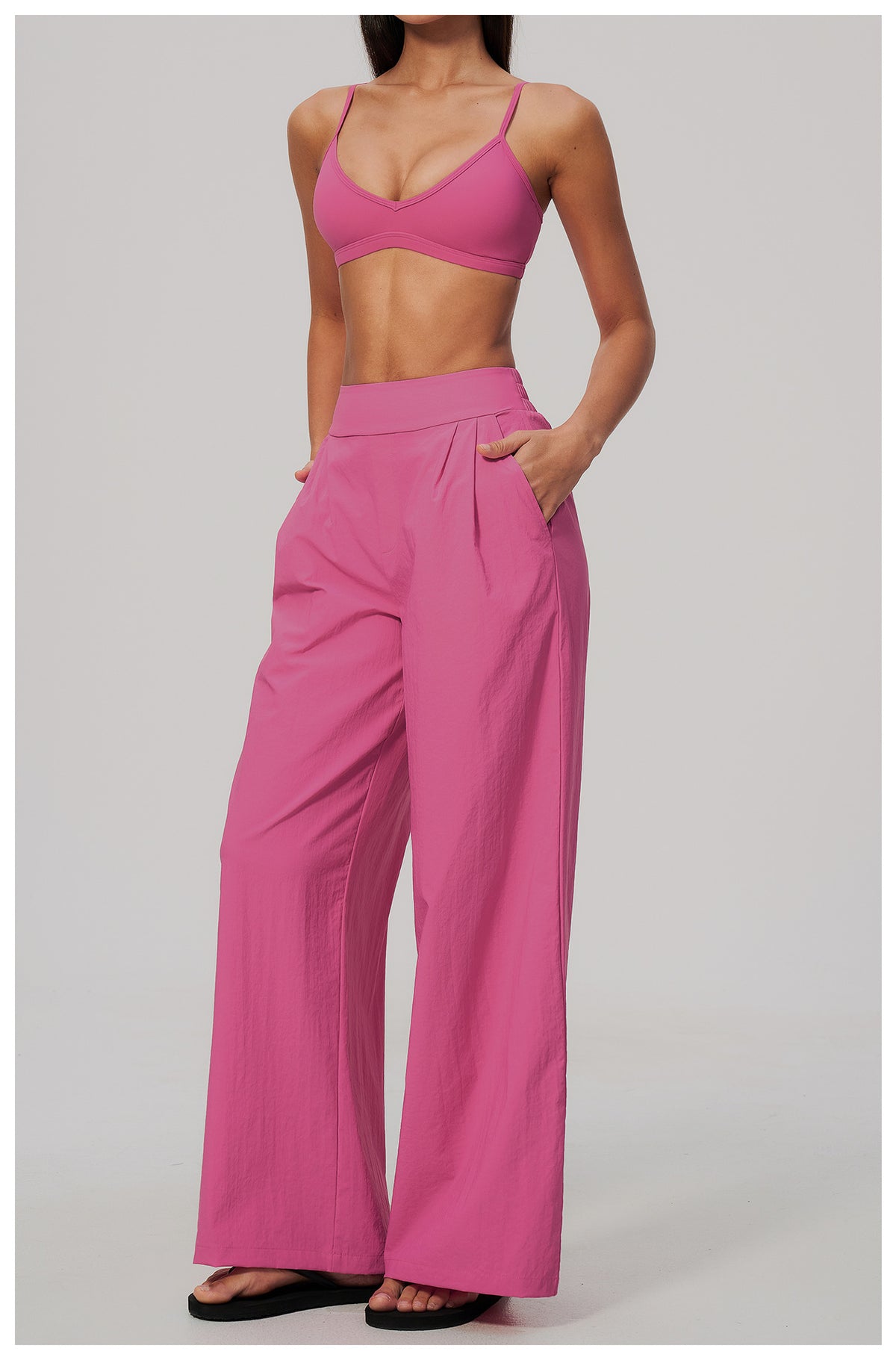2 Piece Set Women V Neck Twist Back Adjustable Spaghetti Straps Sports Bra and High Waist Loose Casual Sports Wide Leg Pants