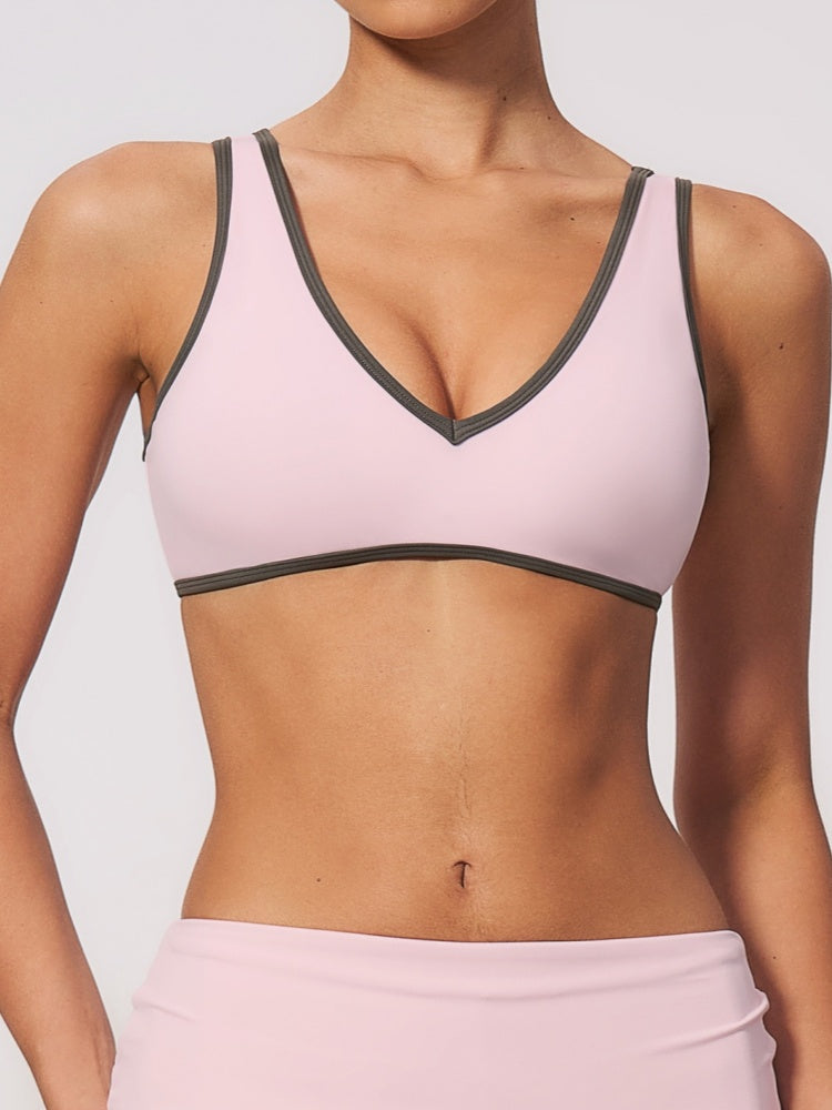 Women Contrast Color V Neck U Back Sports Bra