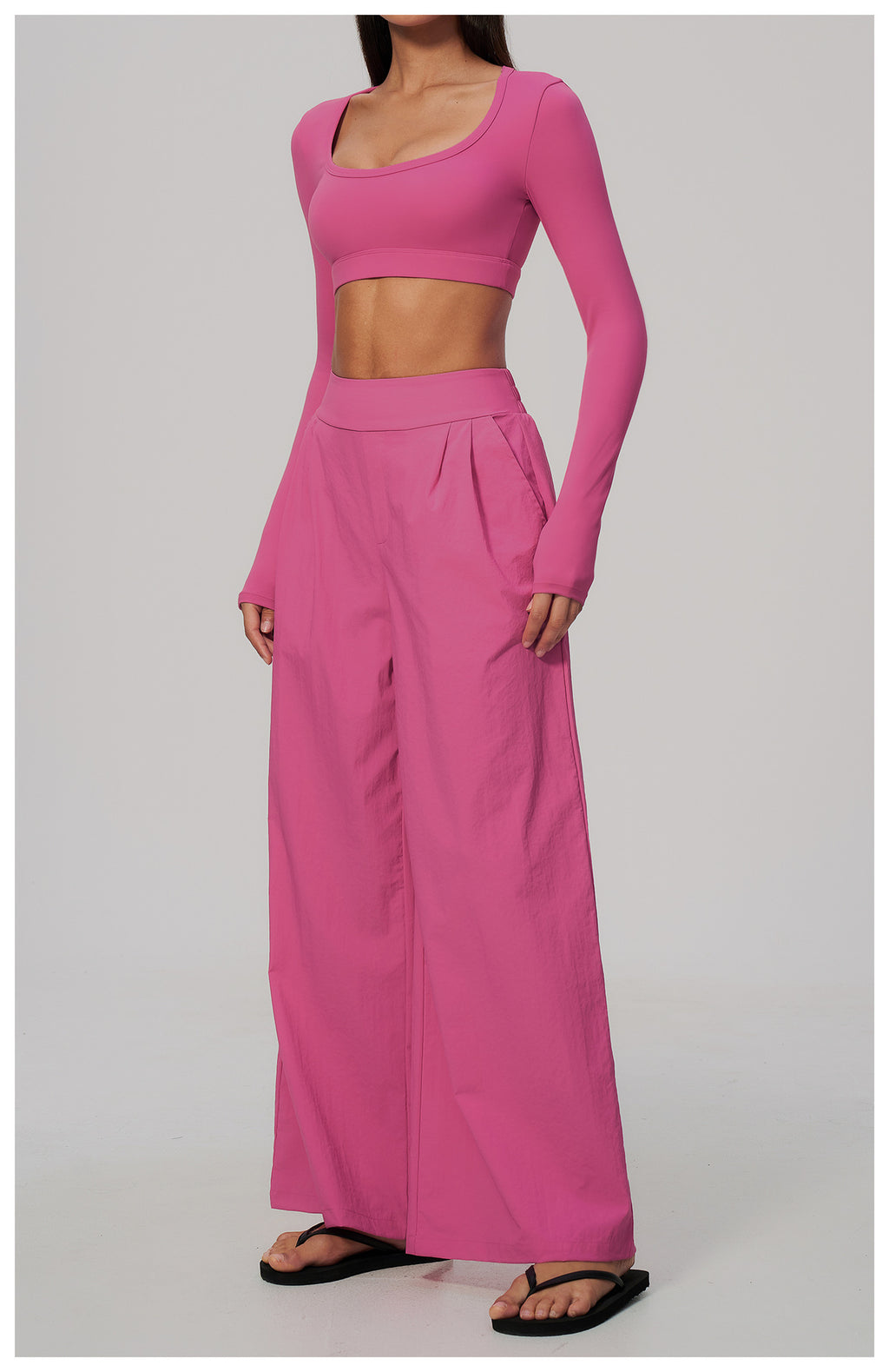 2 Piece Set Women U Neck Long Sleeve Short Workout Top with Removable Padded and High Waist Loose Casual Sports Wide Leg Pants