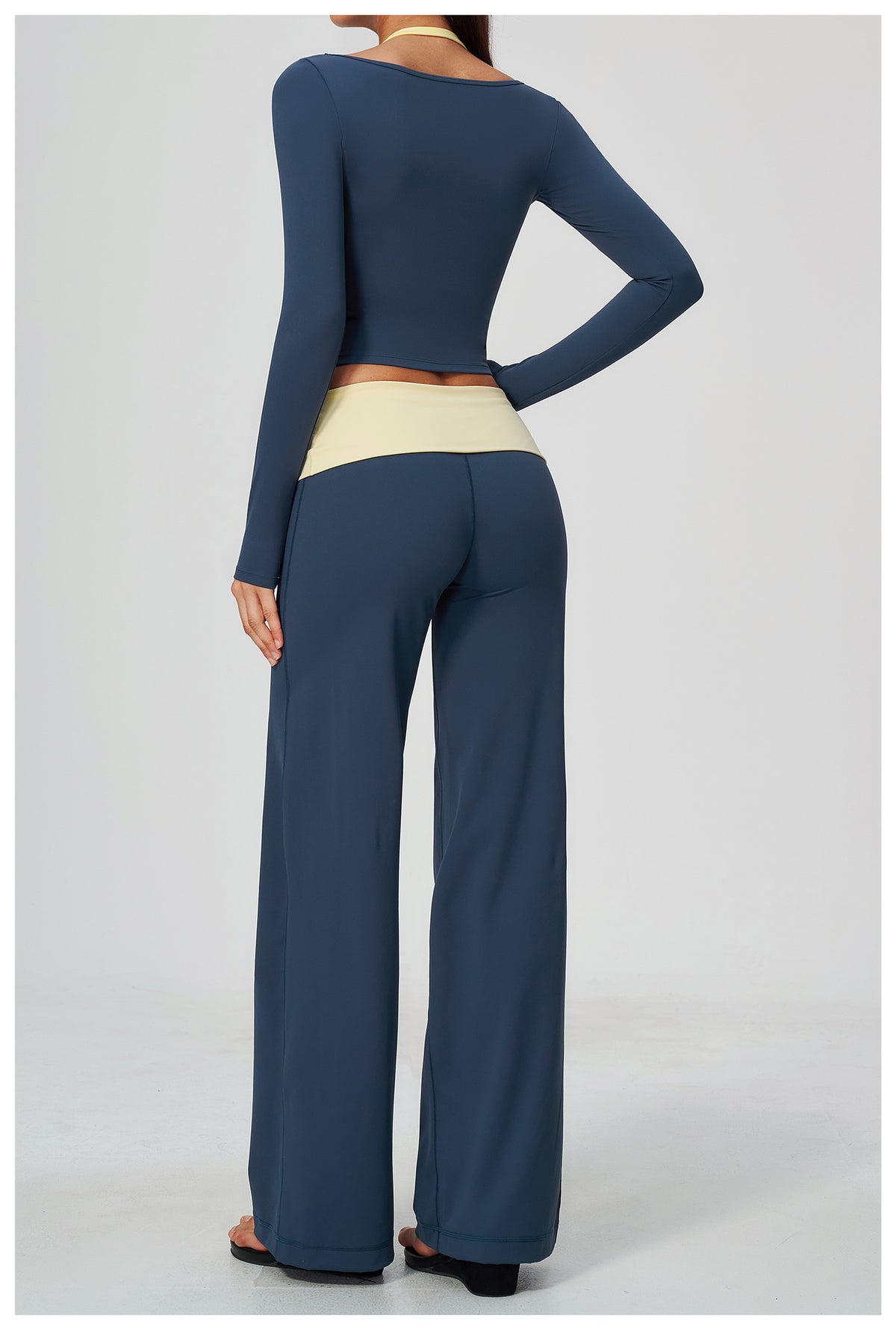 2 Piece Colorblock Double Strap Halter Long Sleeve Cropped Fitness Yoga Top and Foldover Waist High-Rise Loose Wide Leg Yoga Pants Set