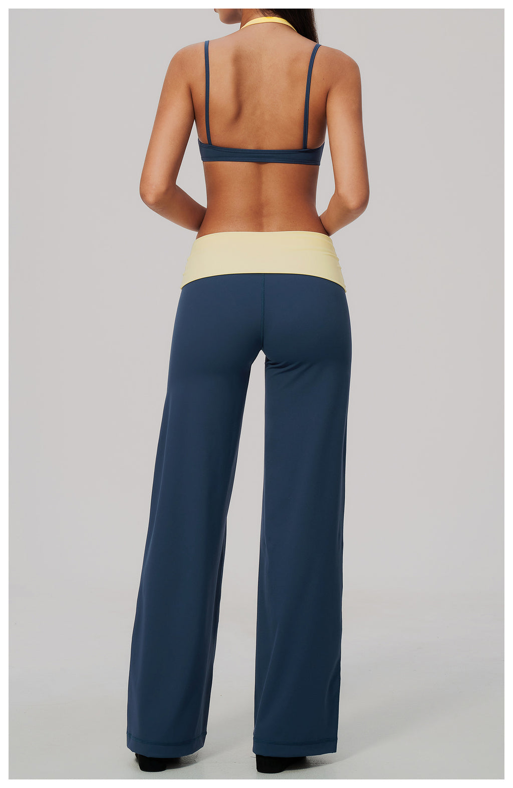 2 Piece Colorblock Double Strap Halter Sports Bra and Foldover Waist High-Rise Loose Wide Leg Yoga Pants Set