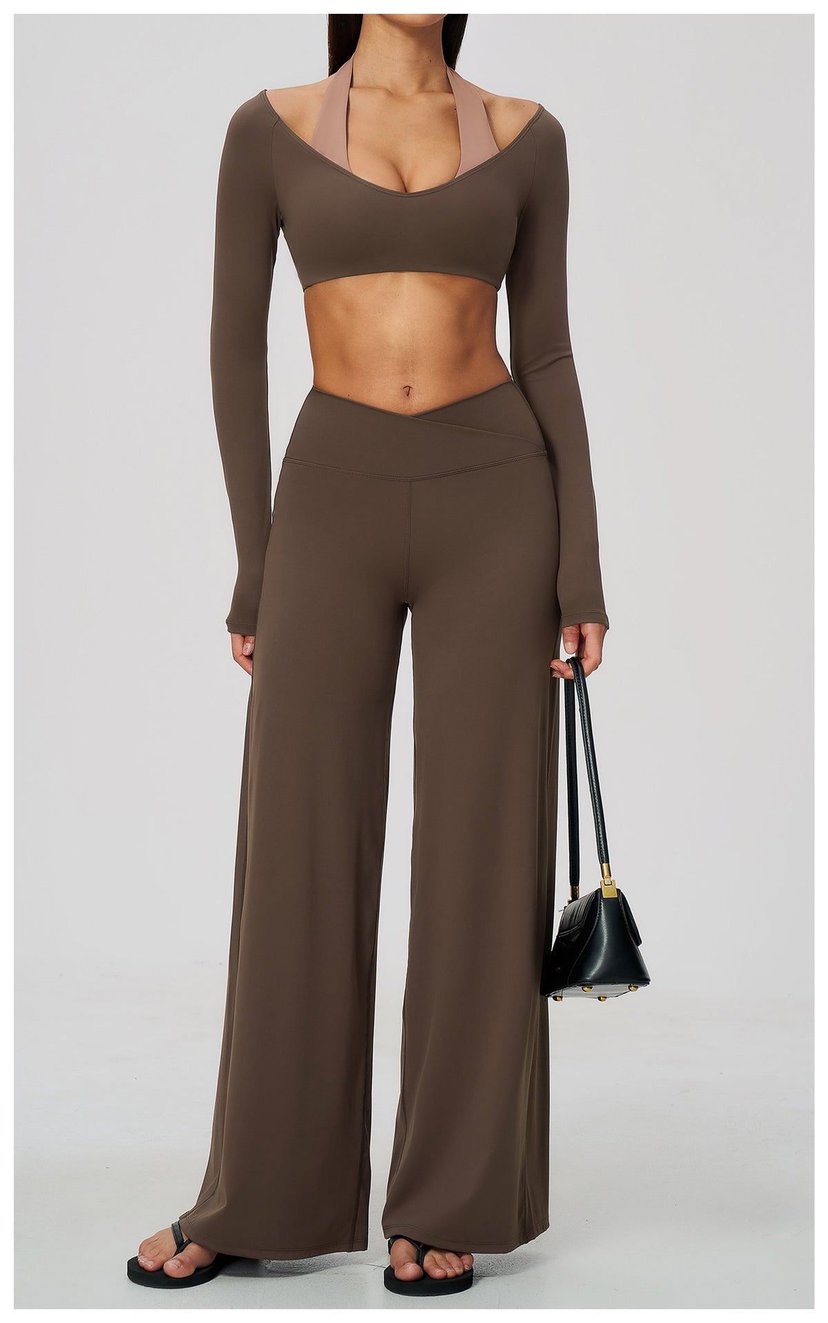 2 Piece Colorblock Halter Long Sleeve Cropped Yoga Top and Cross Waist Wide Leg Yoga Pants Set