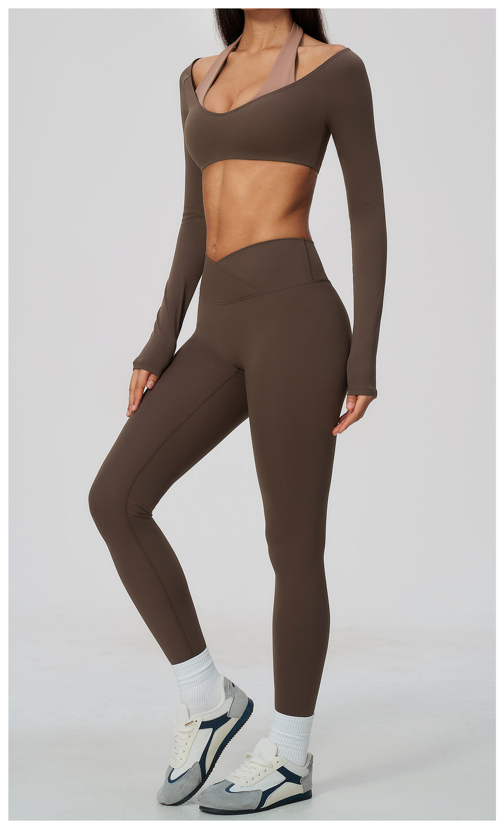 2 Piece Colorblock Halter Long Sleeve Cropped Yoga Top and Cross Waist Yoga Leggings Set