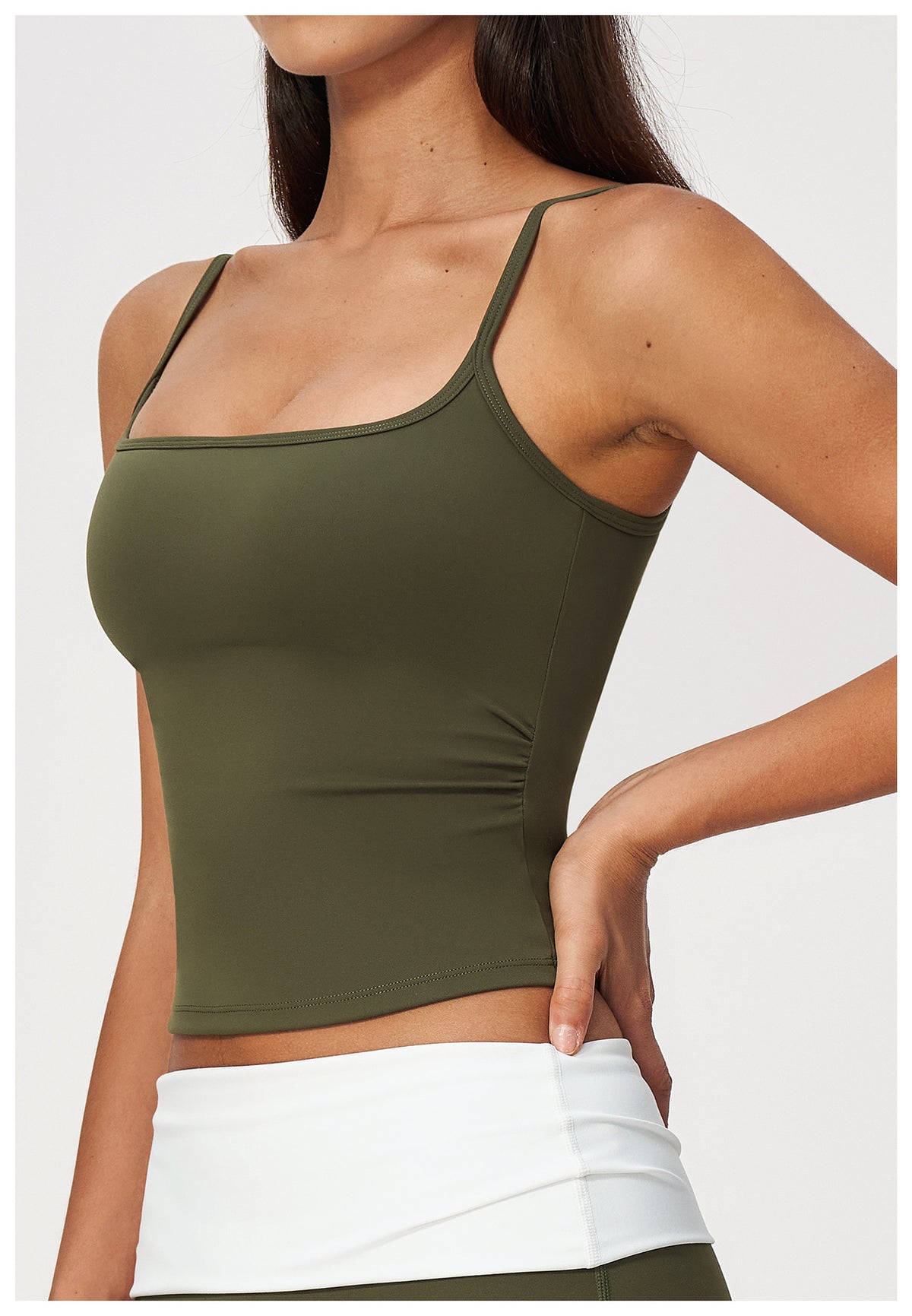 Women Square Neck Adjustable Strap Ruched Slim Fit Workout Yoga Vest with Chest Pad