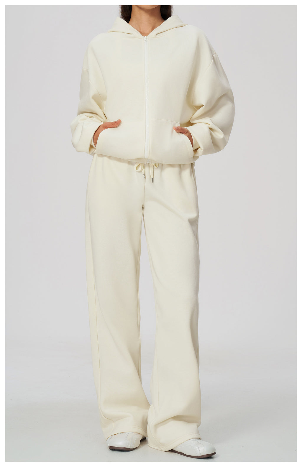 Women 2 Piece Fall Winter Tracksuits Fleece Lined Full Zip Oversized Hooded Jacket and Drawstring Waist Wide Leg Sweatpants with Side Pockets