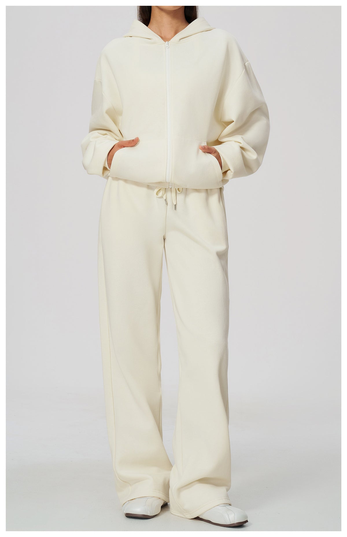 Women 2 Piece Fall Winter Tracksuits Fleece Lined Full Zip Oversized Hooded Jacket and Drawstring Waist Wide Leg Sweatpants with Side Pockets