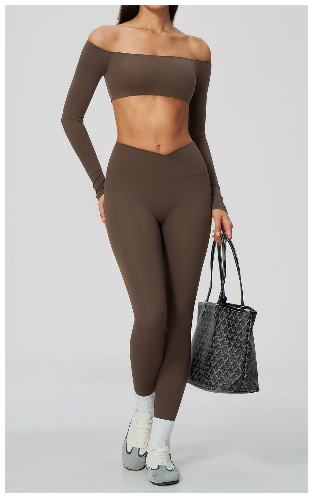 2 Piece Off-The-Shoulder Long Sleeve Crop Top and Cross Waist Yoga Leggings Set