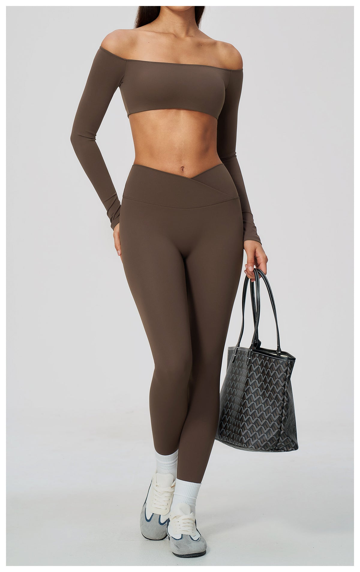 2 Piece Off-The-Shoulder Long Sleeve Crop Top and Cross Waist Yoga Leggings Set