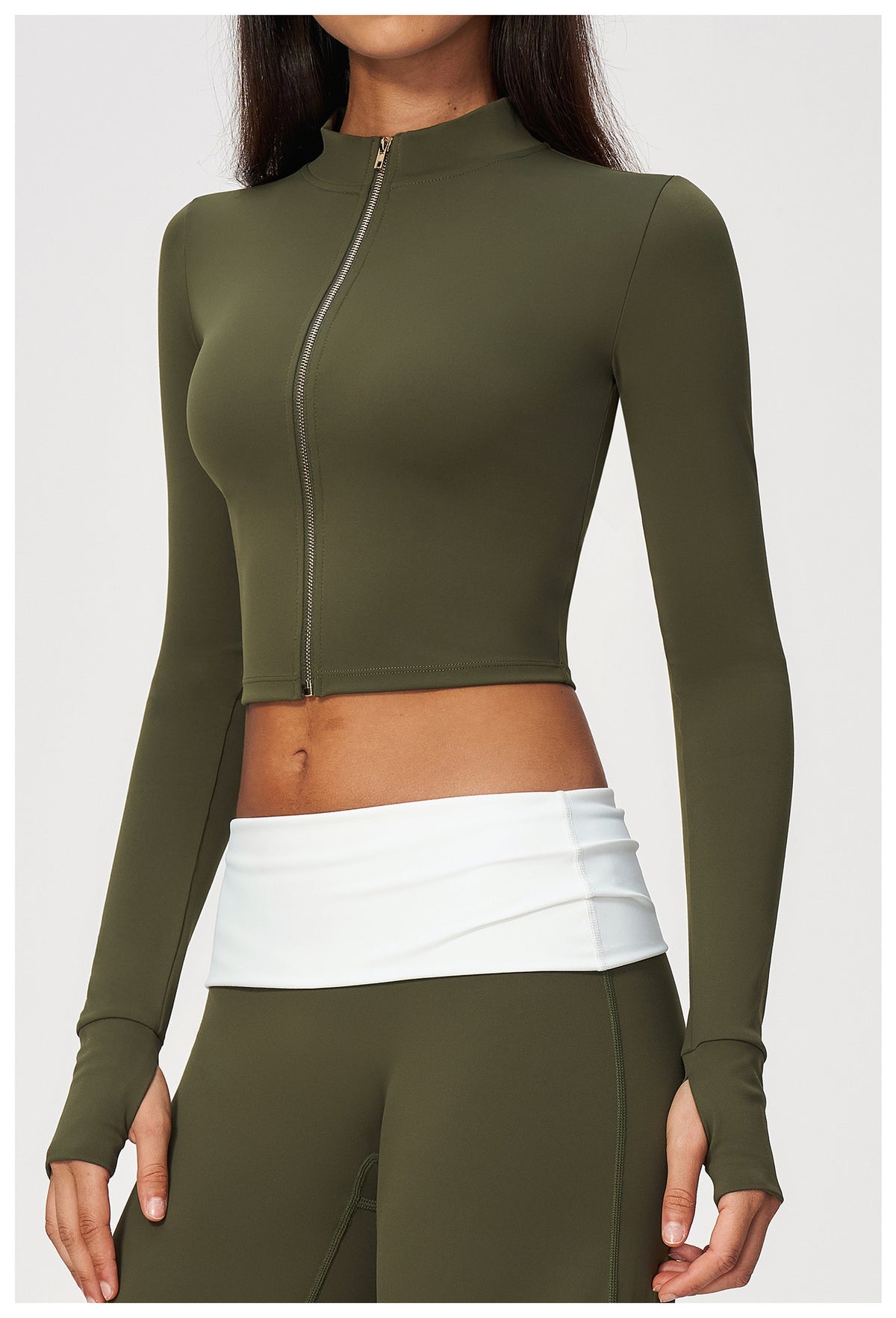 Women Stand Collar Full Zip Cropped Running Yoga Workout Jacket with Thumb Holes