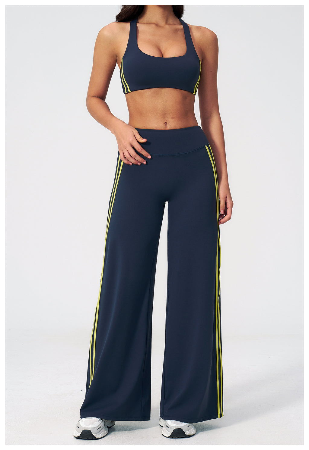 2 PCS Yoga Set Women Racerback High Support Sports Bra and Contrast Side Stripe Fitness Gym Wide Leg Pants