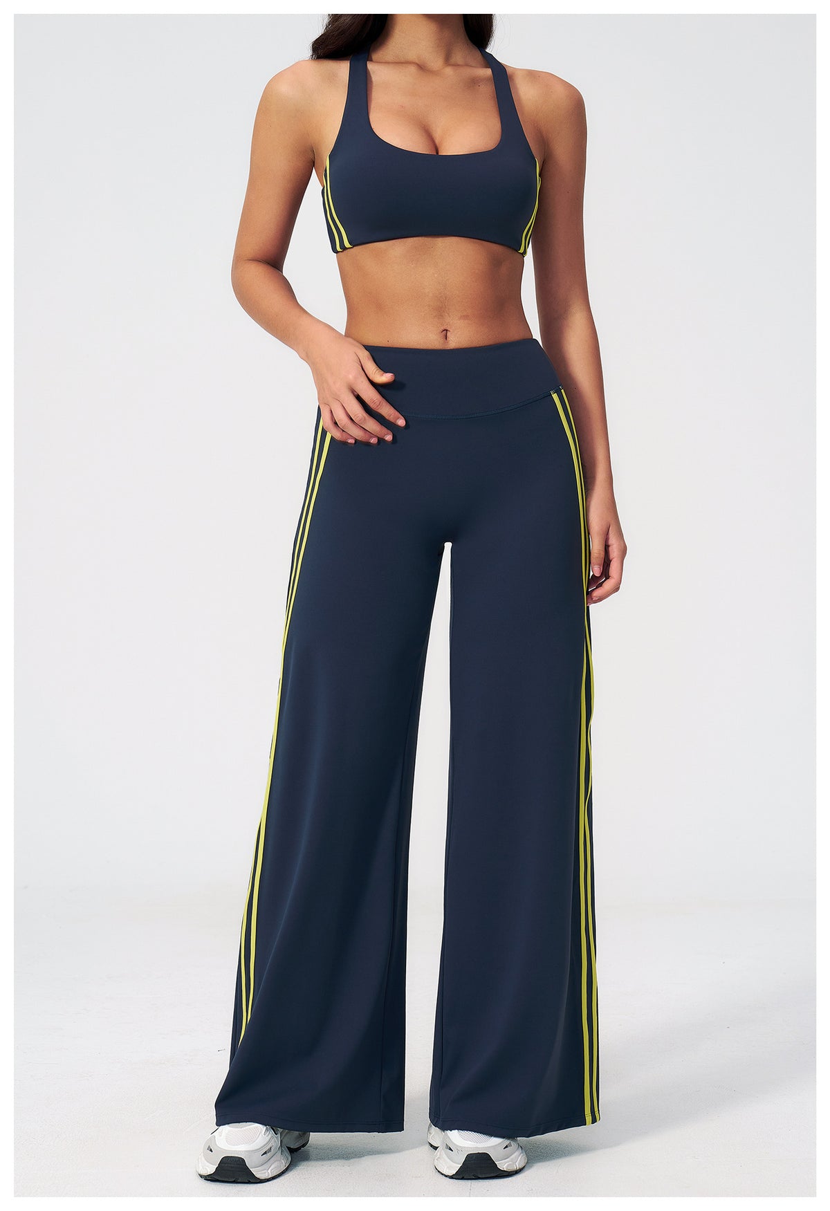 2 PCS Yoga Set Women Racerback High Support Sports Bra and Contrast Side Stripe Fitness Gym Wide Leg Pants
