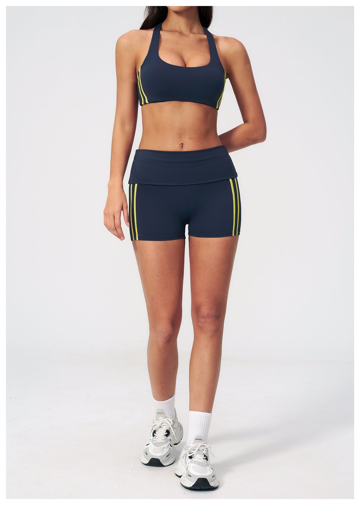 2 PCS Workout Set Women Racerback High Support Sports Bra and Fold Over Waist Running Shorts