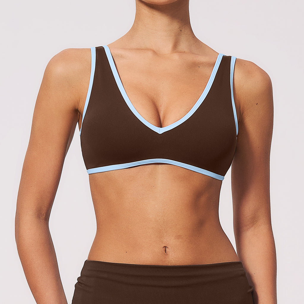 Women Contrast Color V Neck U Back Sports Bra