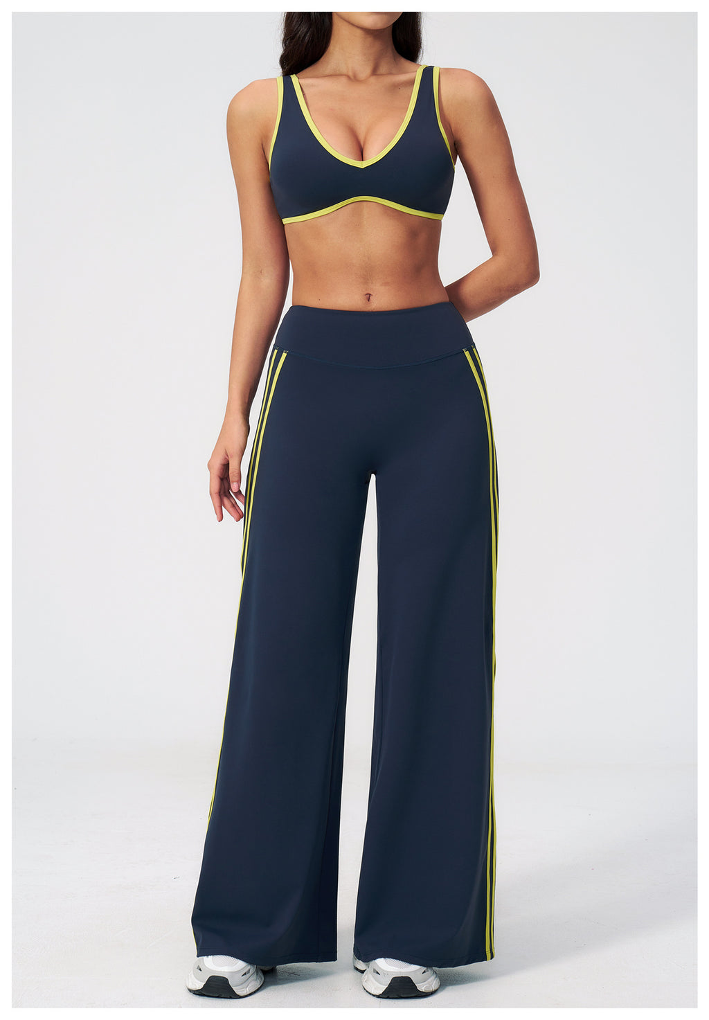 2 PCS Gym Set Women Contrast Color V Neck Backless Sports Bra and Contrast Side Stripe Fitness Sports Wide Leg Pants