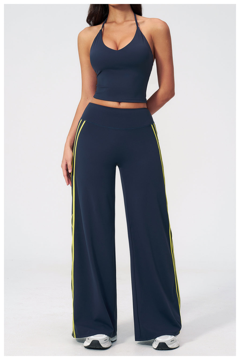 2 PCS Workout Set Women V Neck T-Back Halter Crop Tank Top and Contrast Side Stripe Fitness Sports Wide Leg Pants