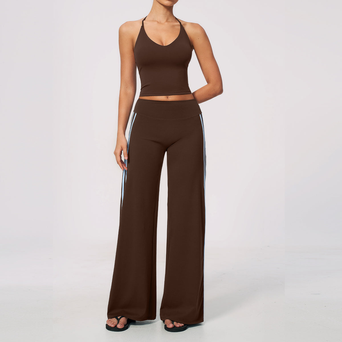 2 PCS Workout Set Women V Neck T-Back Halter Crop Tank Top and Contrast Side Stripe Fitness Sports Wide Leg Pants