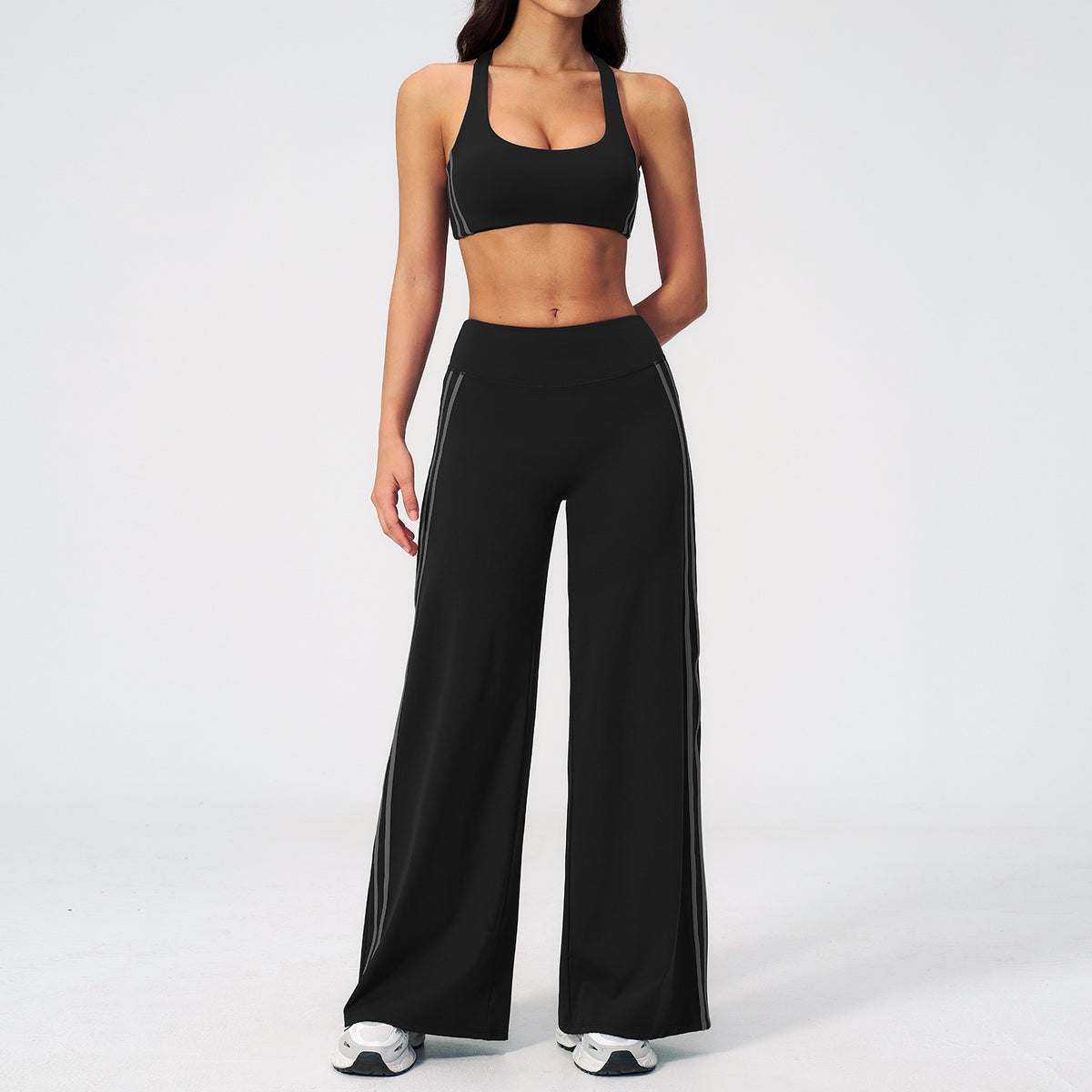 2 PCS Yoga Set Women Racerback High Support Sports Bra and Contrast Side Stripe Fitness Gym Wide Leg Pants
