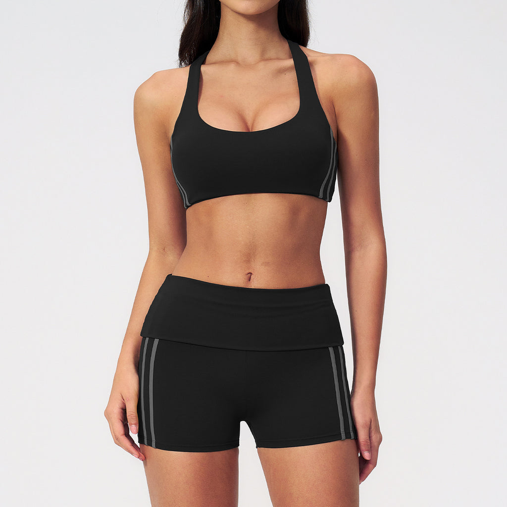2 PCS Workout Set Women Racerback High Support Sports Bra and Fold Over Waist Running Shorts
