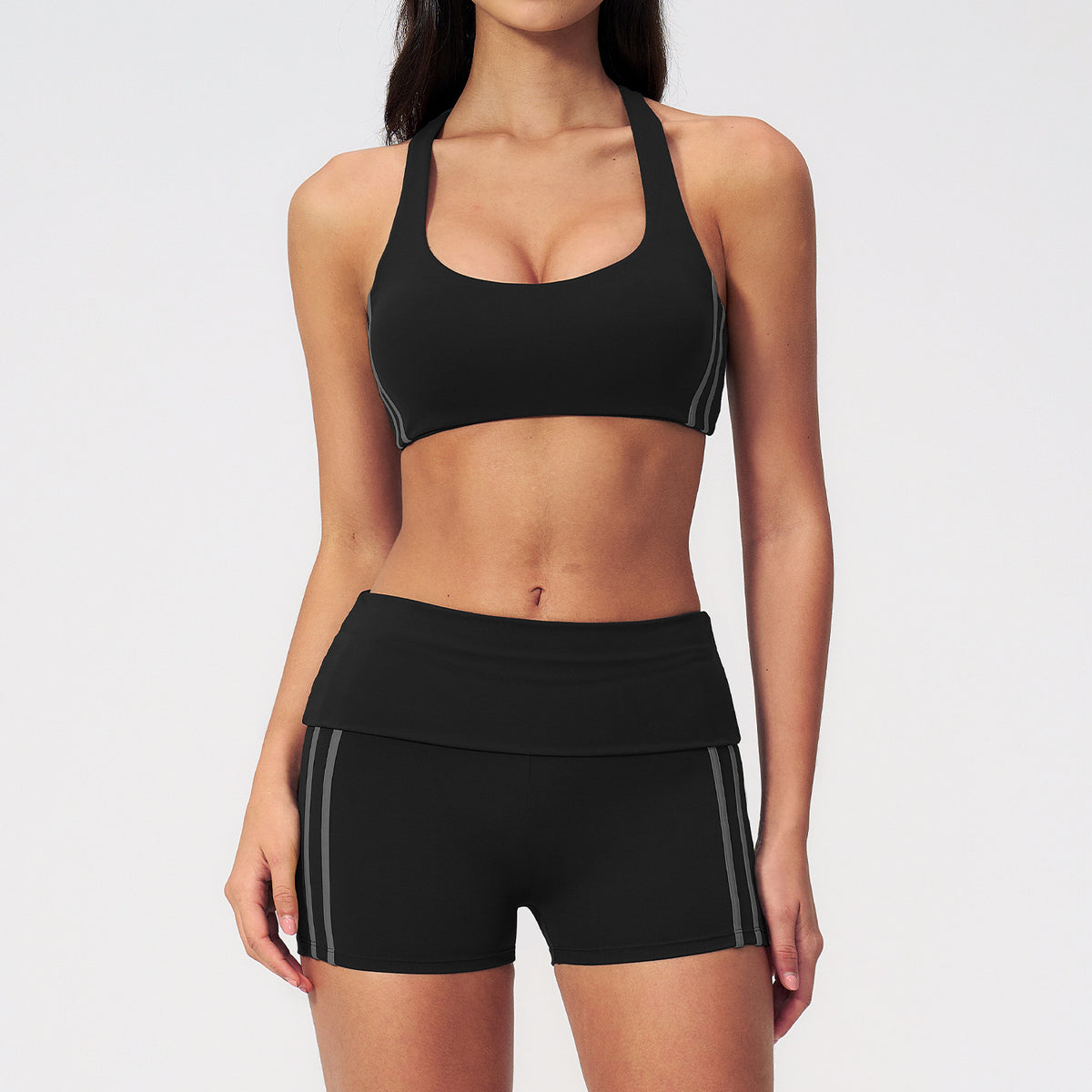 2 PCS Workout Set Women Racerback High Support Sports Bra and Fold Over Waist Running Shorts