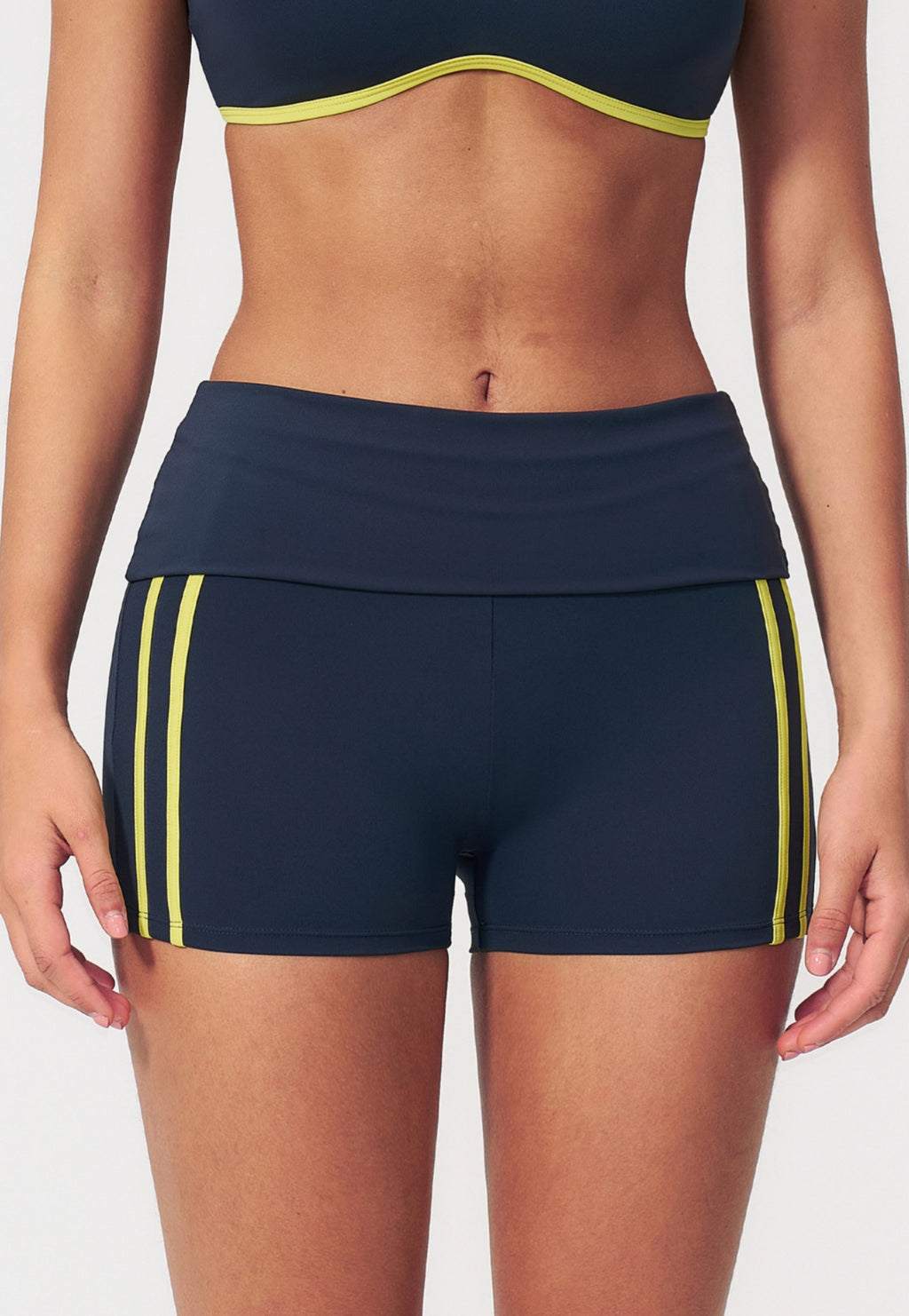 Women Fold Over Waist Contrast Side Stripe Yoga Shorts