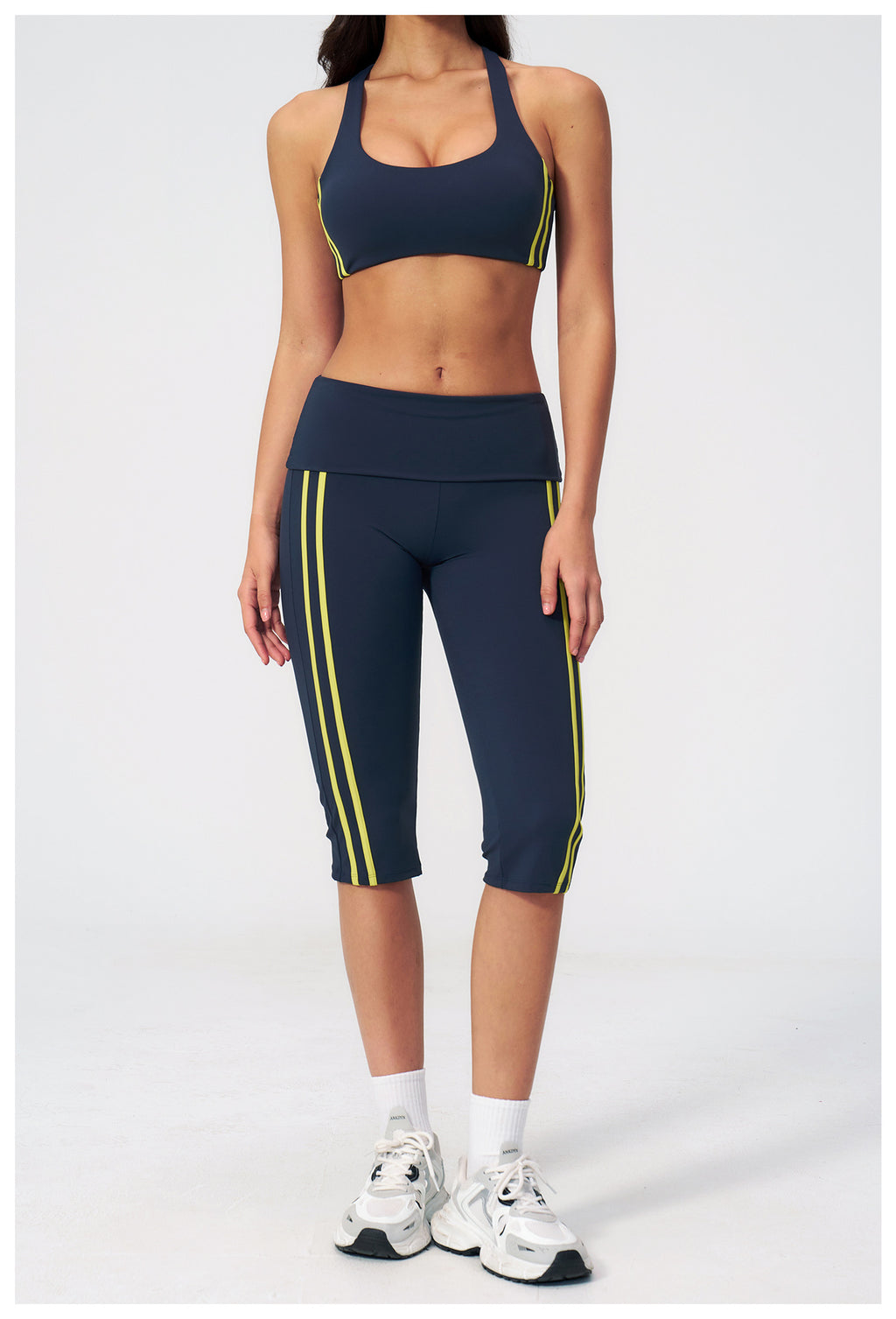 2 PCS Workout Set Women Racerback High Support Sports Bra and Fold Over Waist Capri Yoga Leggings