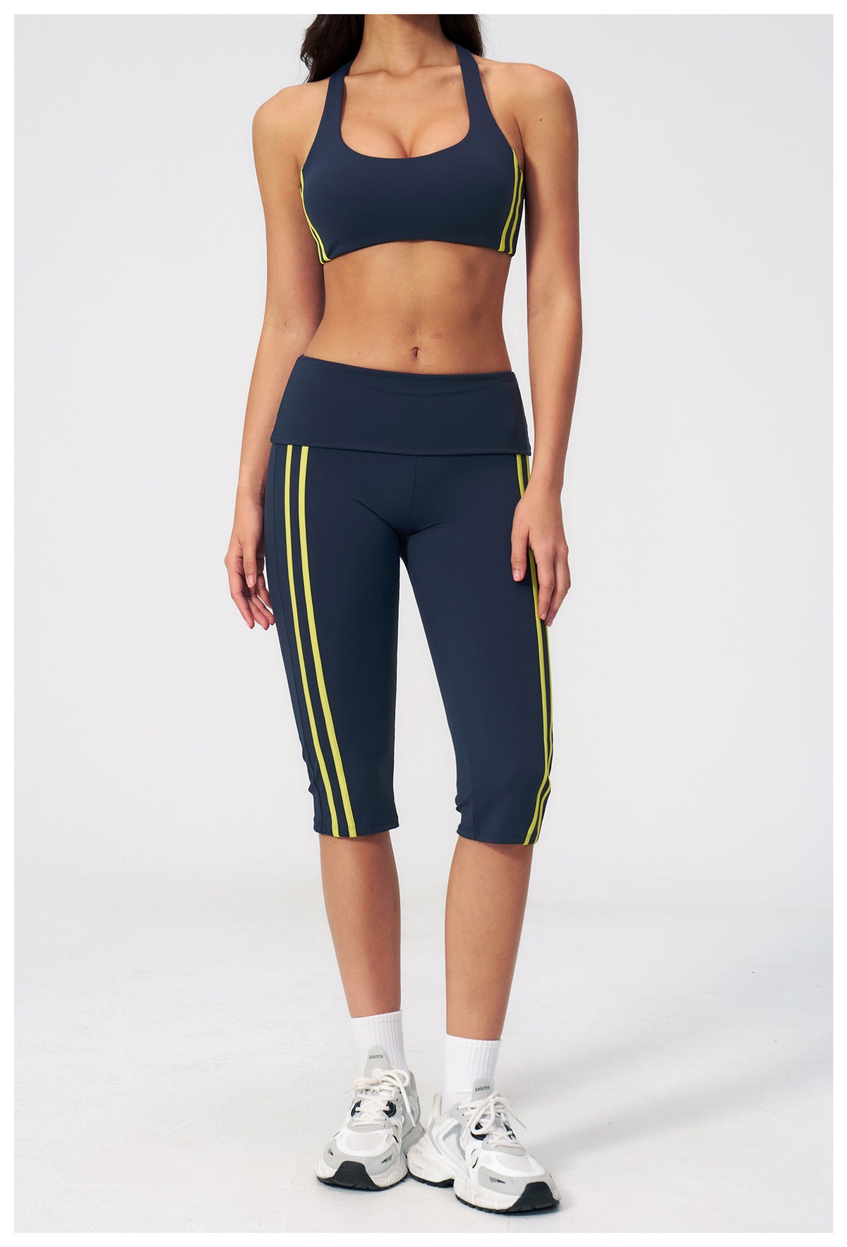 2 PCS Workout Set Women Racerback High Support Sports Bra and Fold Over Waist Capri Yoga Leggings