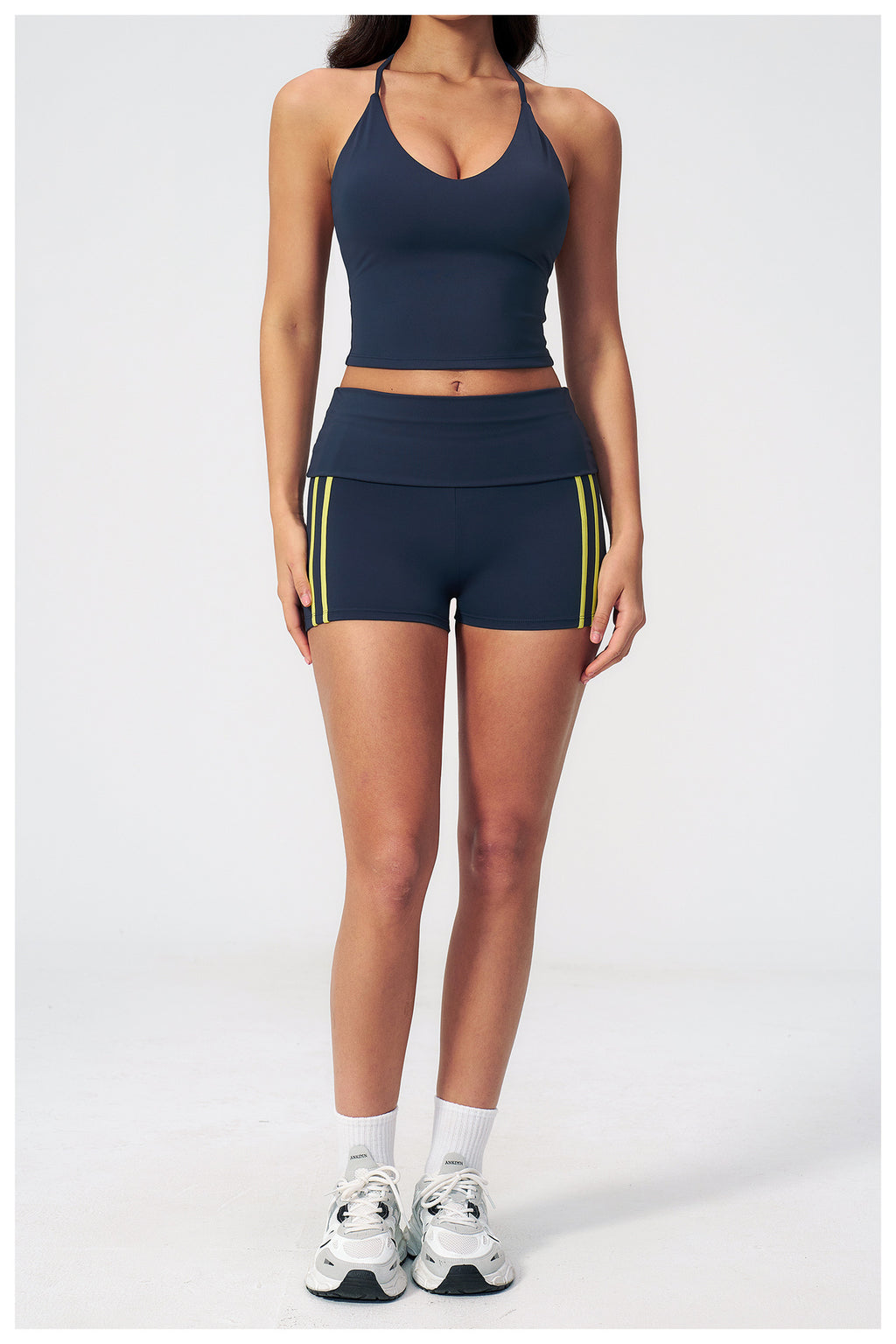 2 PCS Gym Set Women V Neck T-Back Halter Crop Yoga Vest and Fold Over Waist Running Shorts