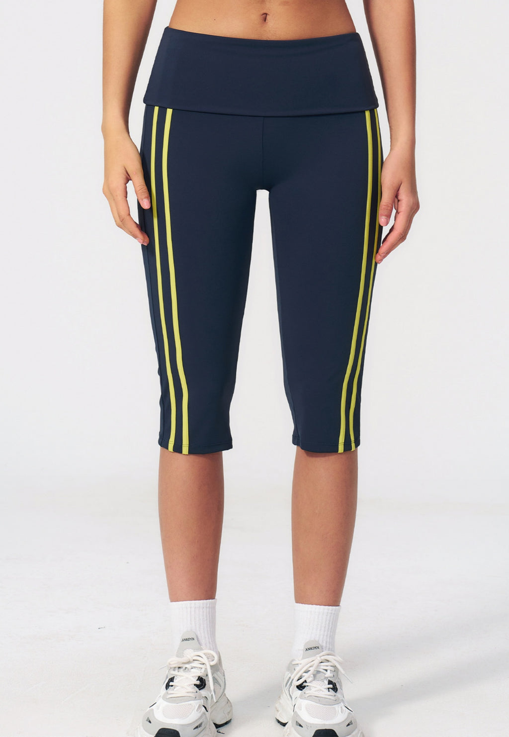 Women Fold Over Waist Contrast Side Stripe Capri Yoga Leggings